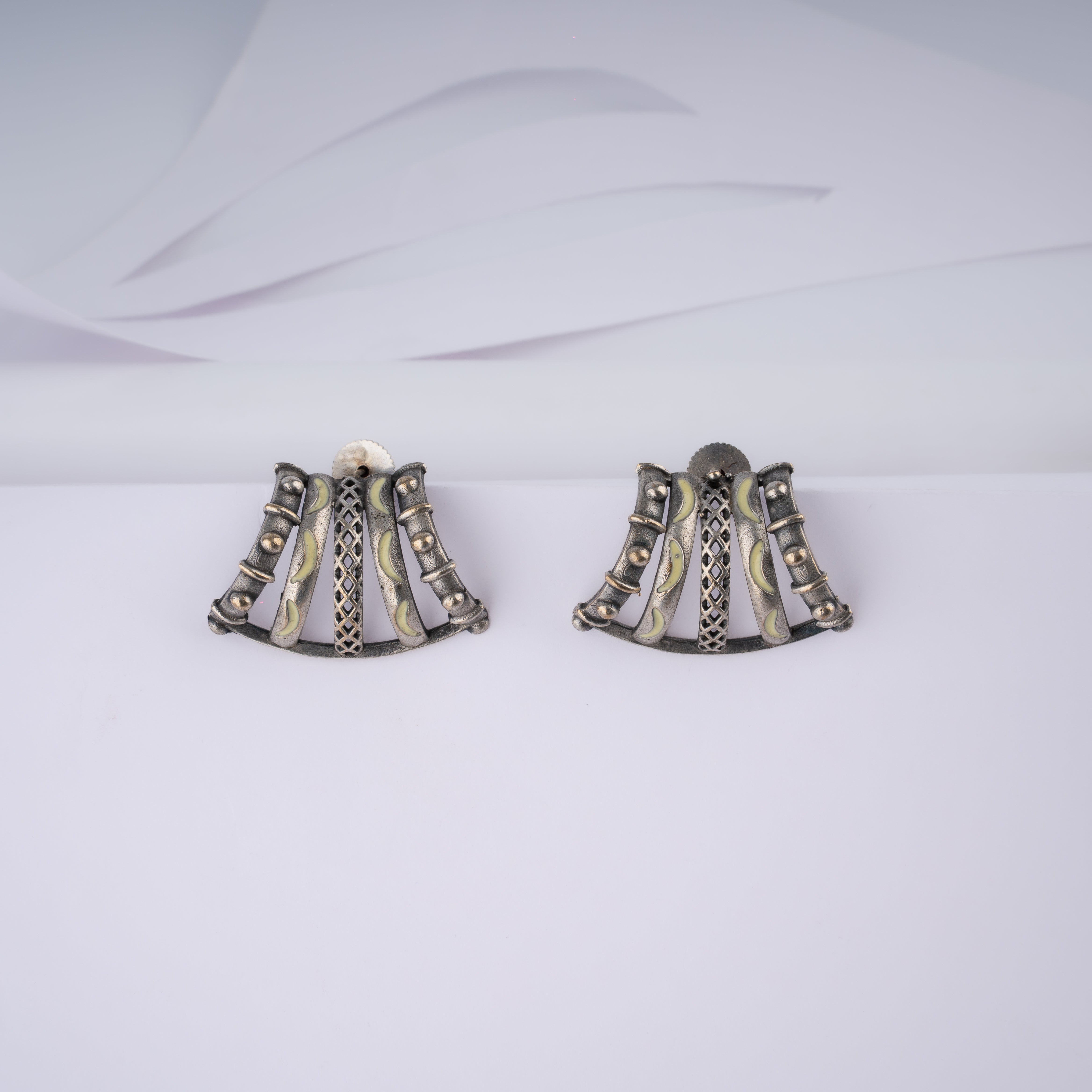 Oxidised Silver Geometric Flared Fan Ribbed Stud Statement Earrings