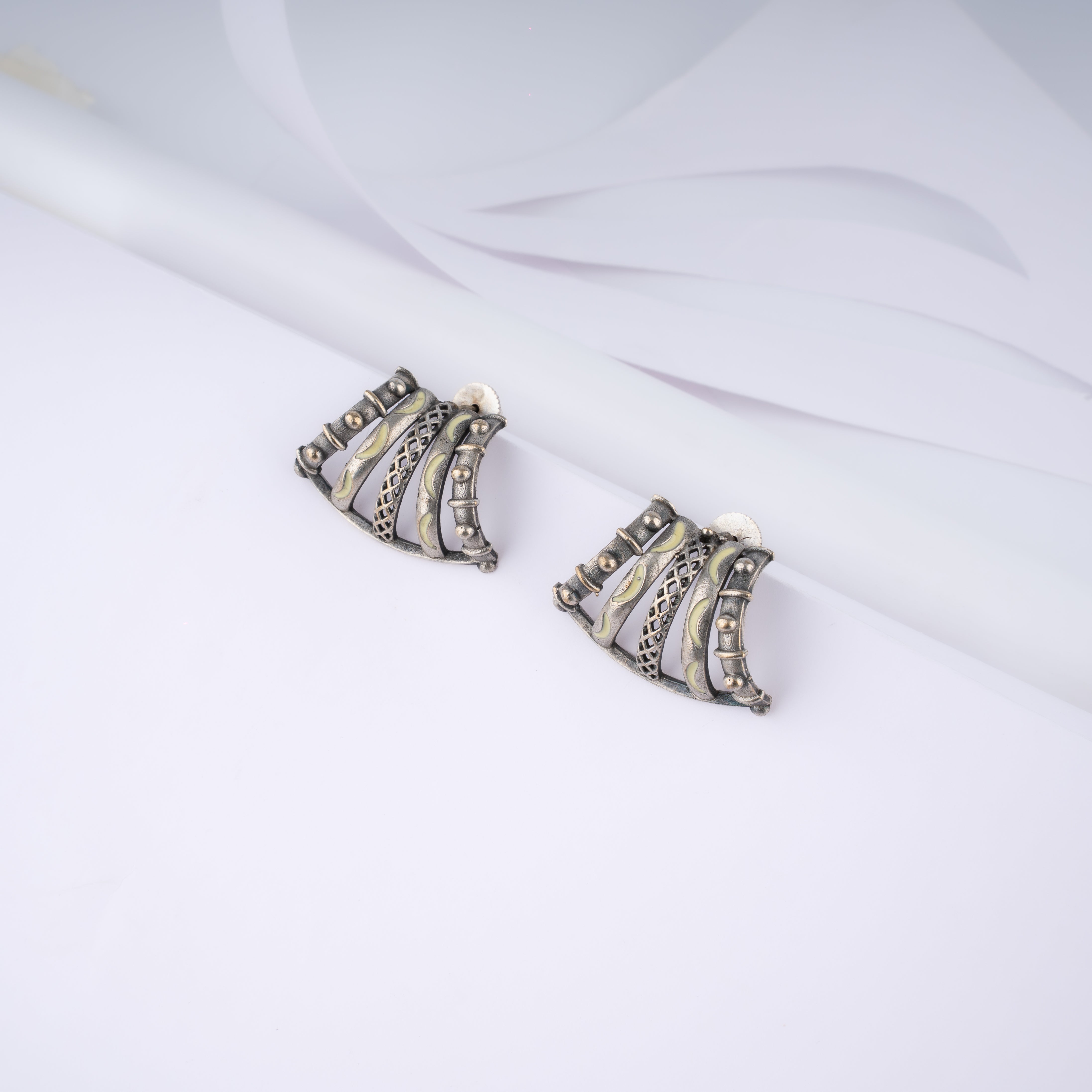 Oxidised Silver Geometric Flared Fan Ribbed Stud Statement Earrings