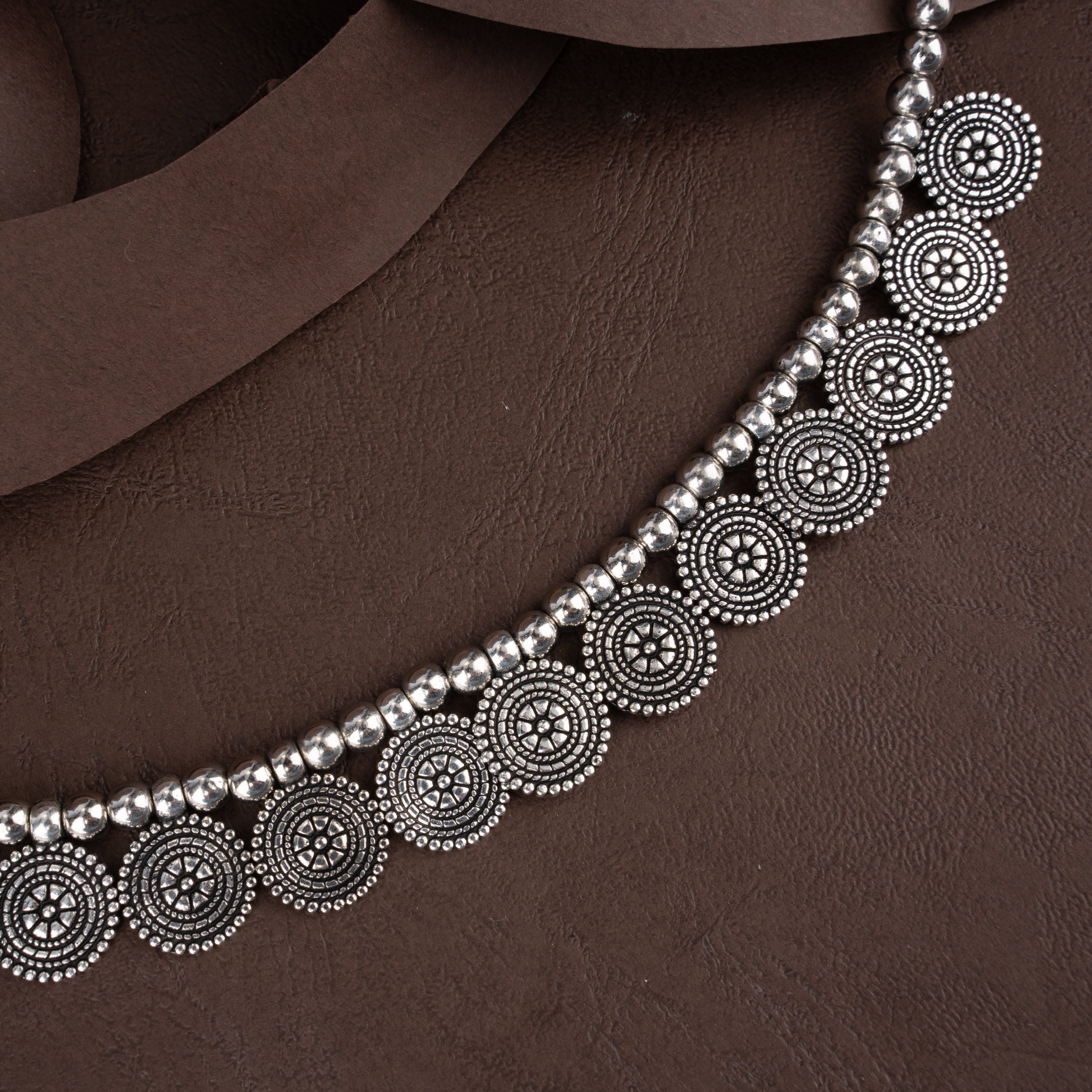 Oxidised Silver Beaded Sunburst Medallion Collar Choker Necklace Set with Drop Earrings