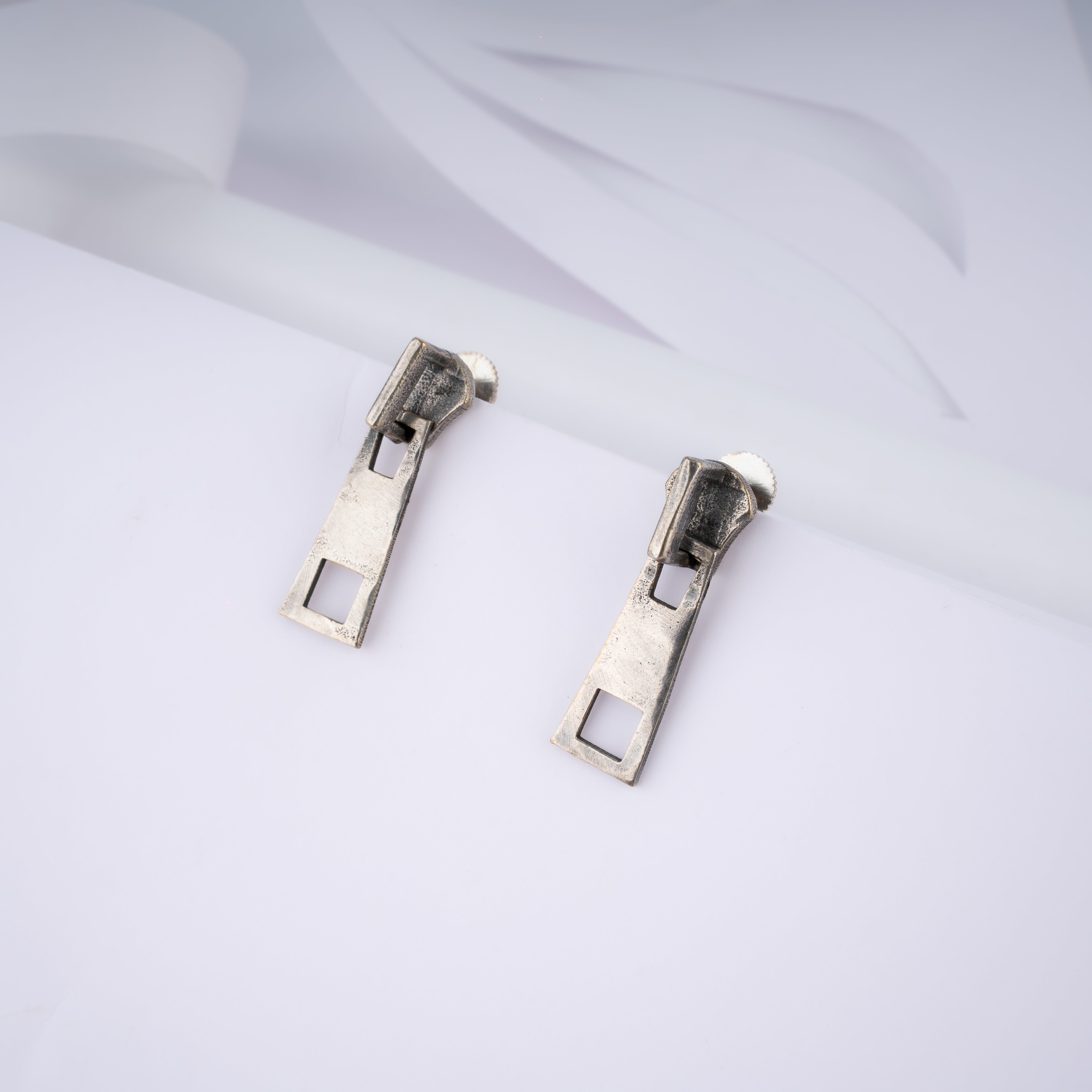 Oxidised Silver Zipper Pull Slider Stud Statement Earrings