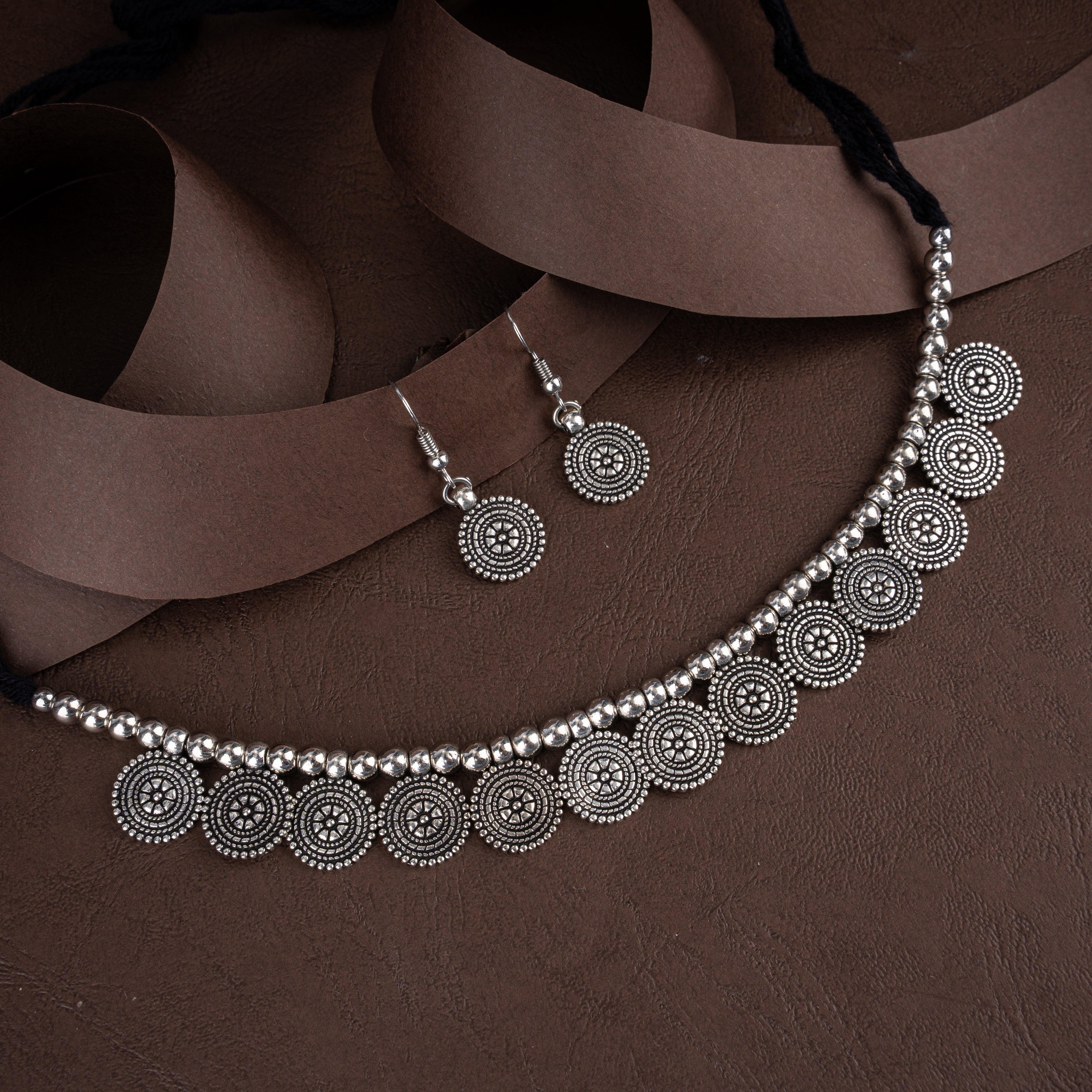 Oxidised Silver Beaded Sunburst Medallion Collar Choker Necklace Set with Drop Earrings