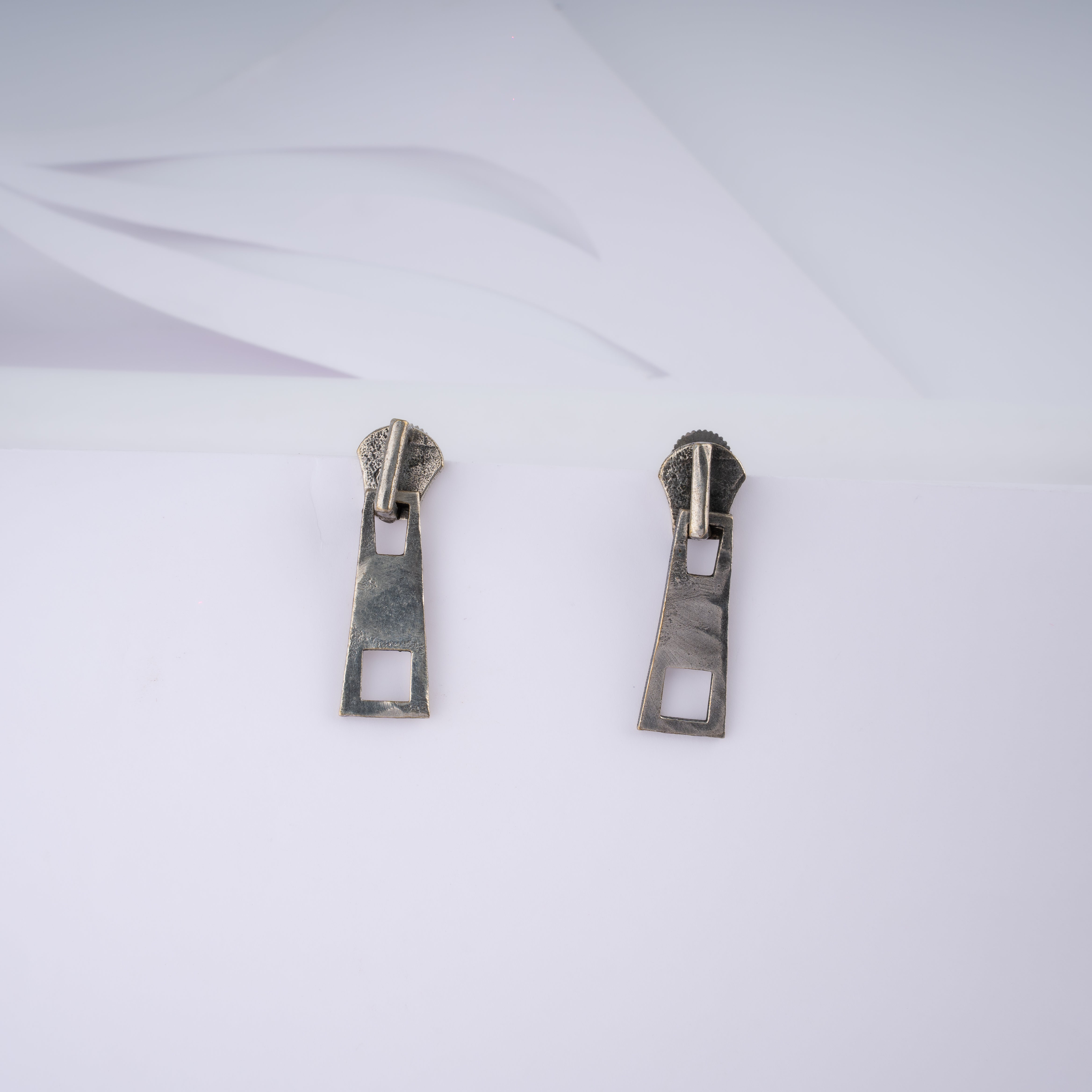 Oxidised Silver Zipper Pull Slider Stud Statement Earrings