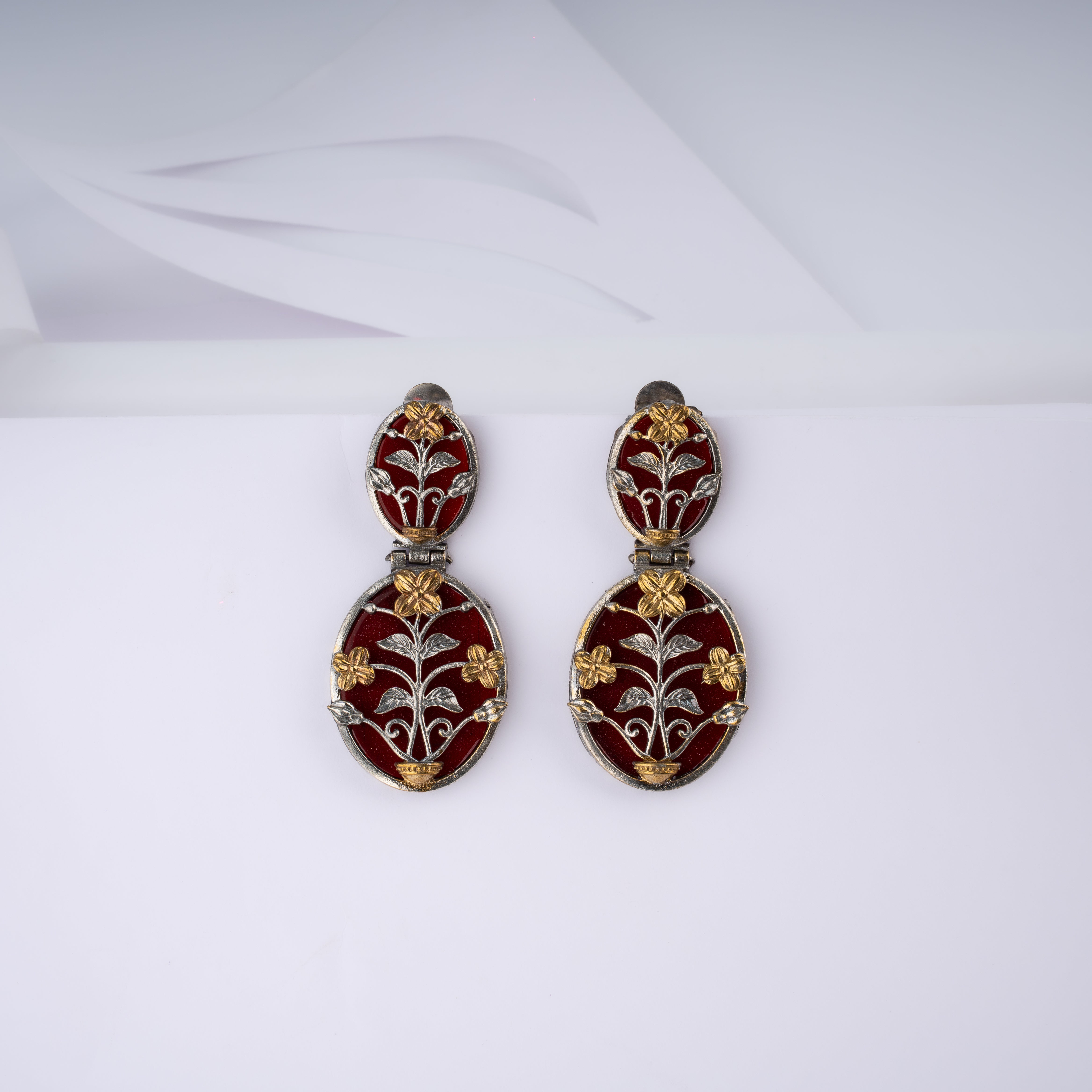 Dual Tone Mughal Floral Urn Oval Plaque Drop Statement Earrings