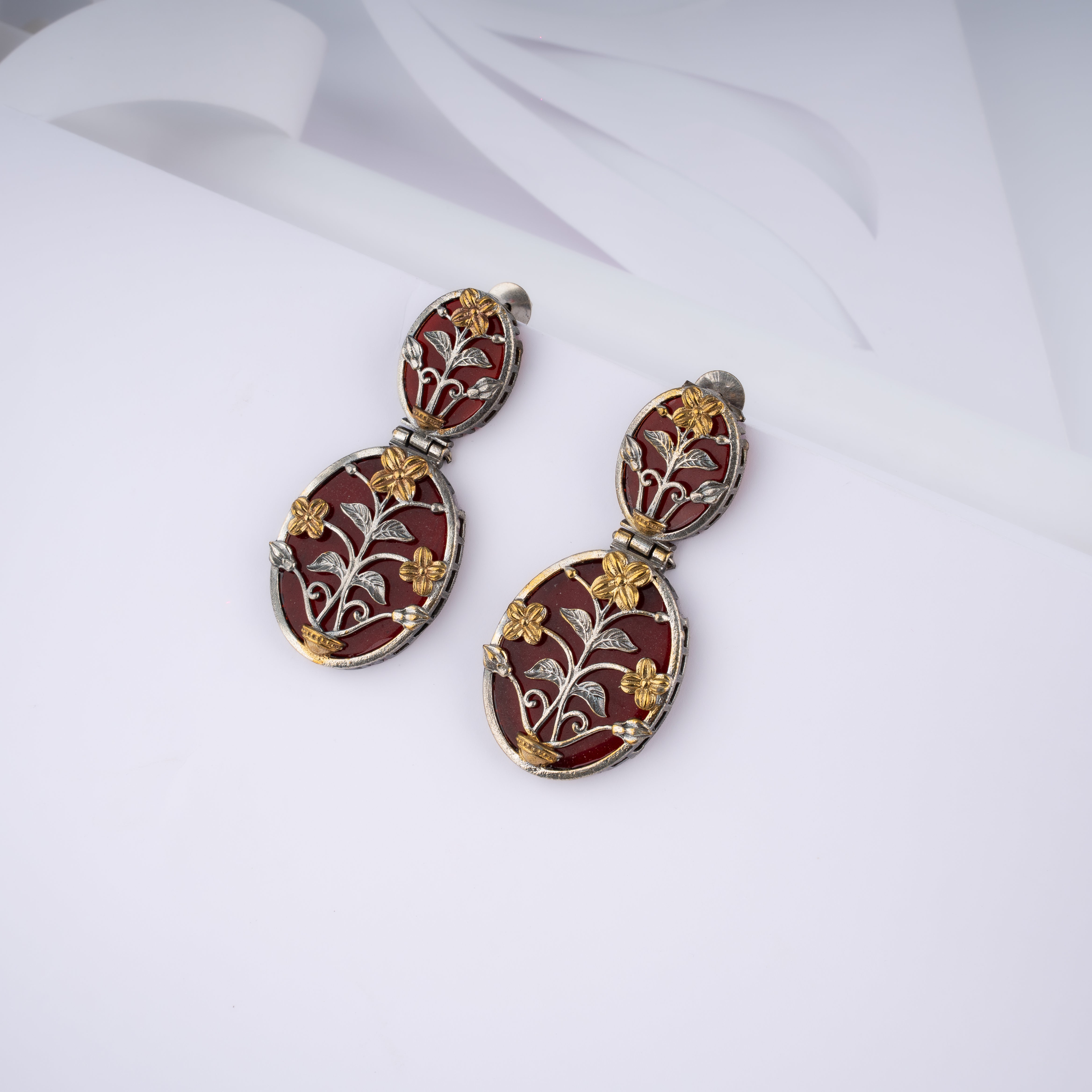 Dual Tone Mughal Floral Urn Oval Plaque Drop Statement Earrings