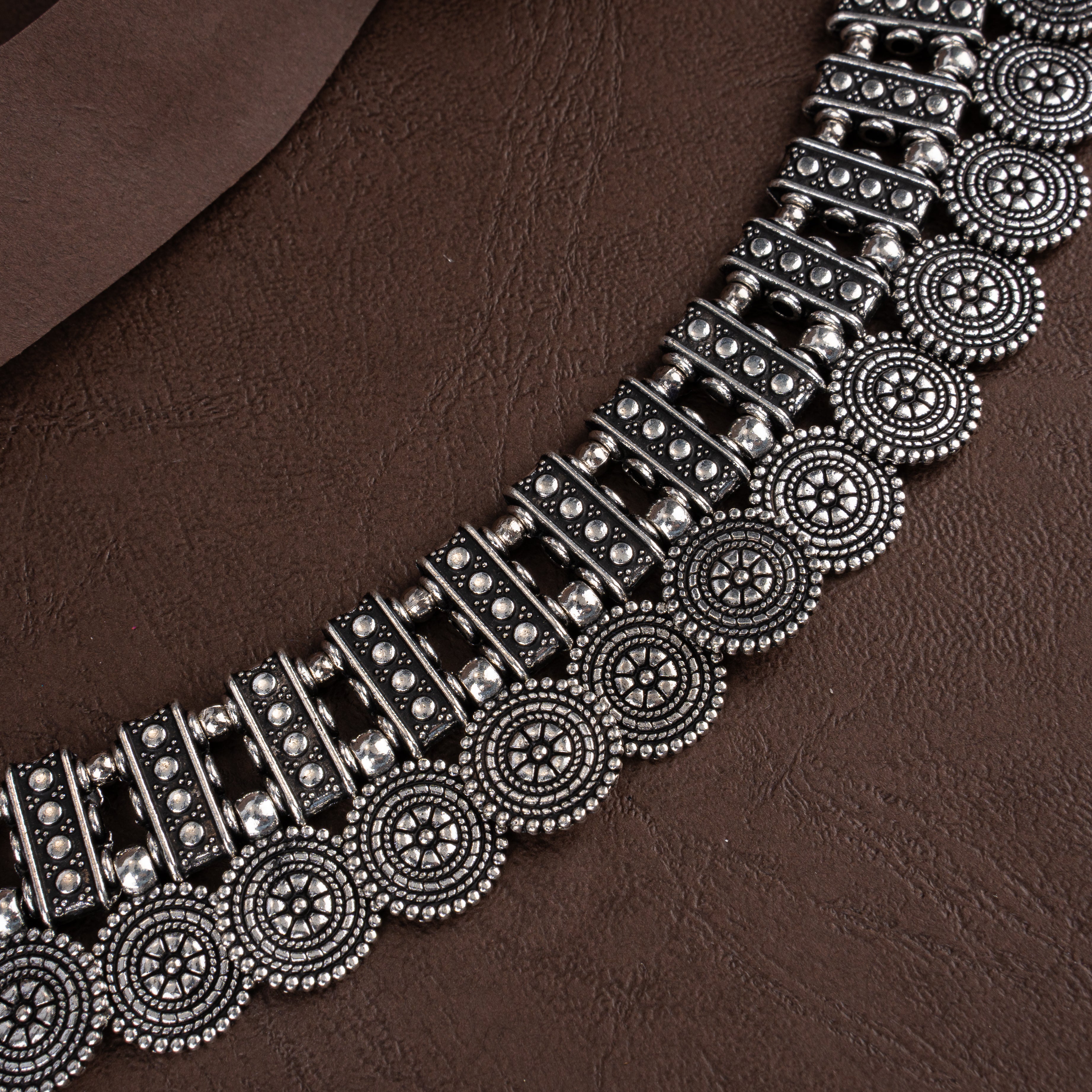 Oxidised Silver Sunburst Medallion Ladder Choker Necklace Set with Drop Earrings
