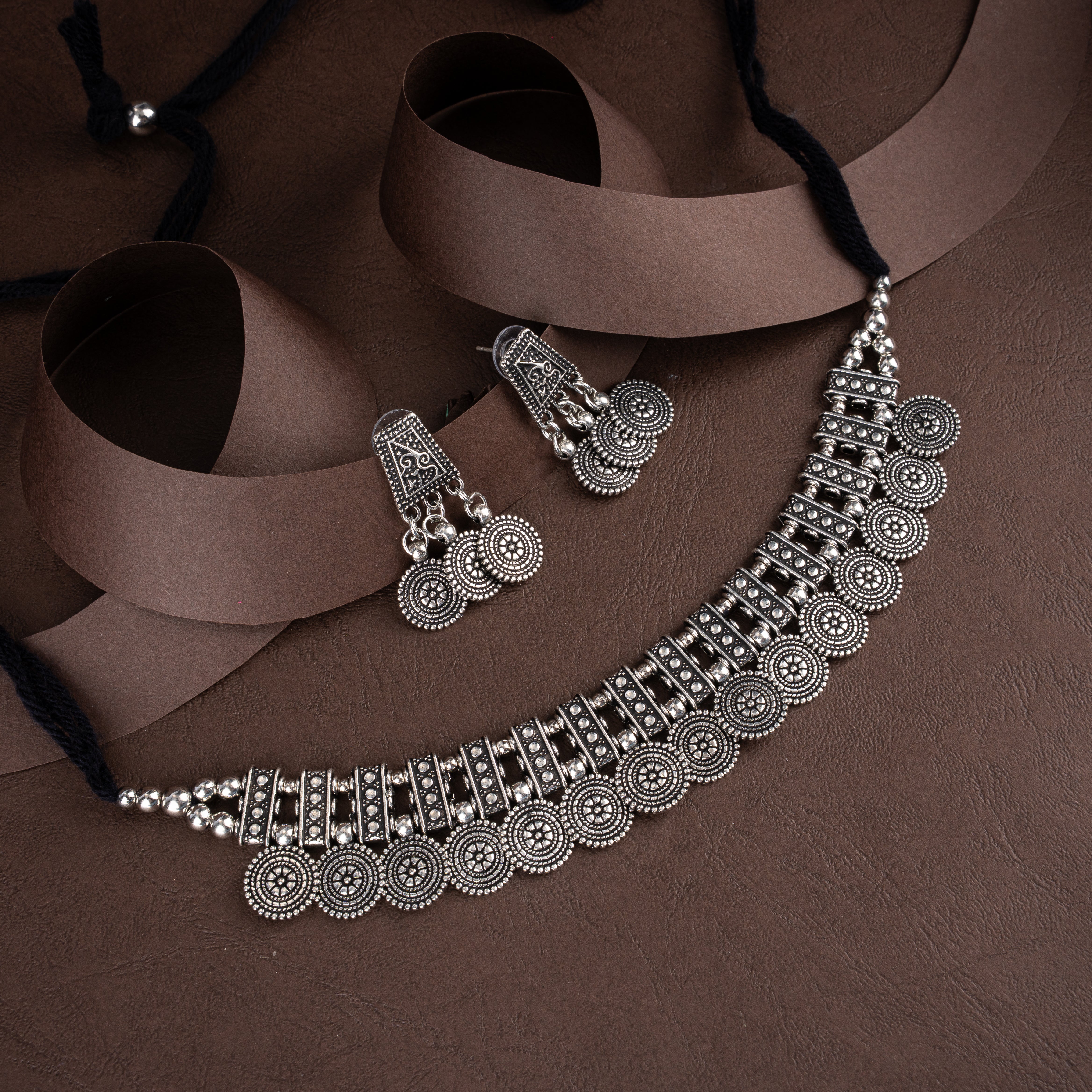 Oxidised Silver Sunburst Medallion Ladder Choker Necklace Set with Drop Earrings