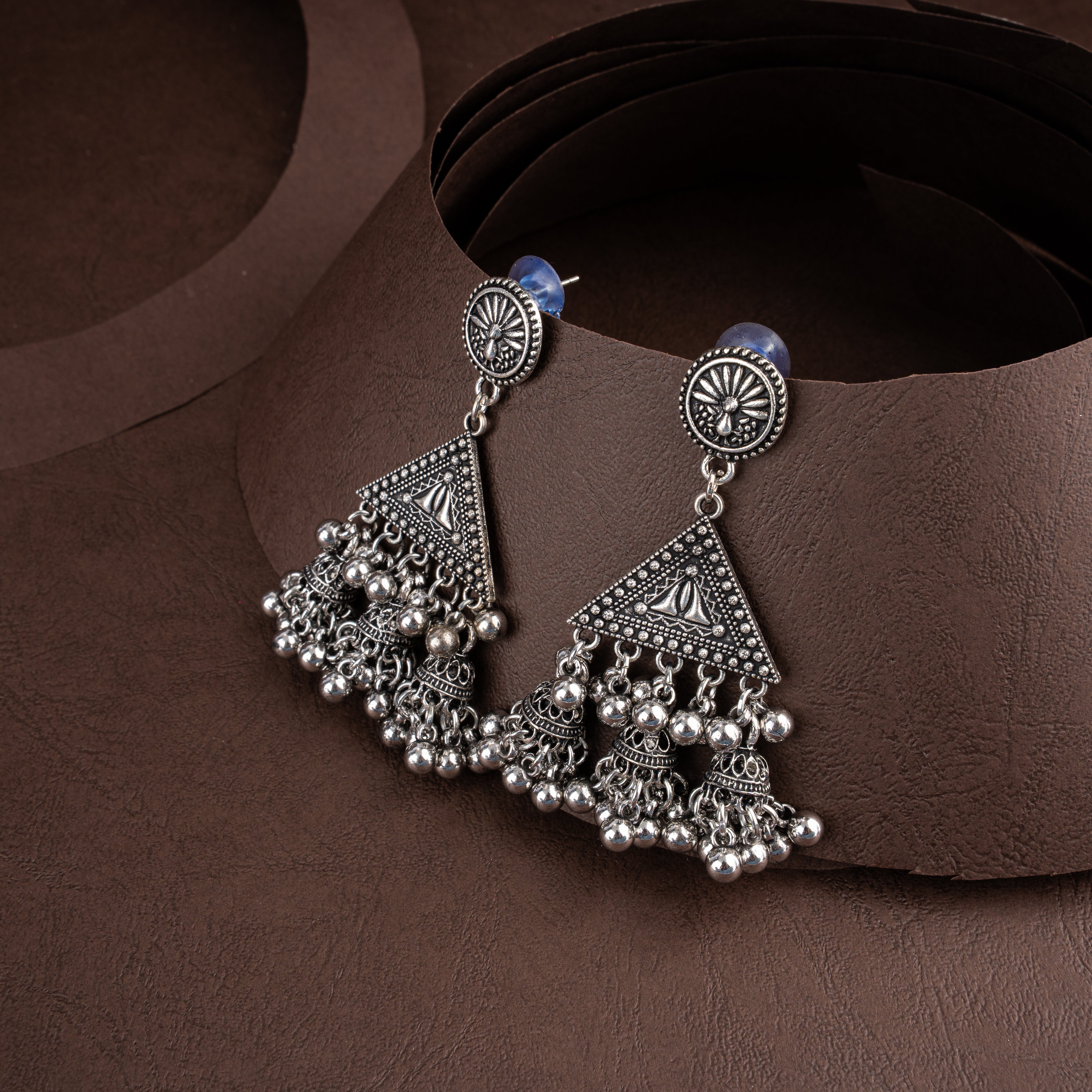 Oxidised Silver Choker Necklace Set with Jhumki Drops