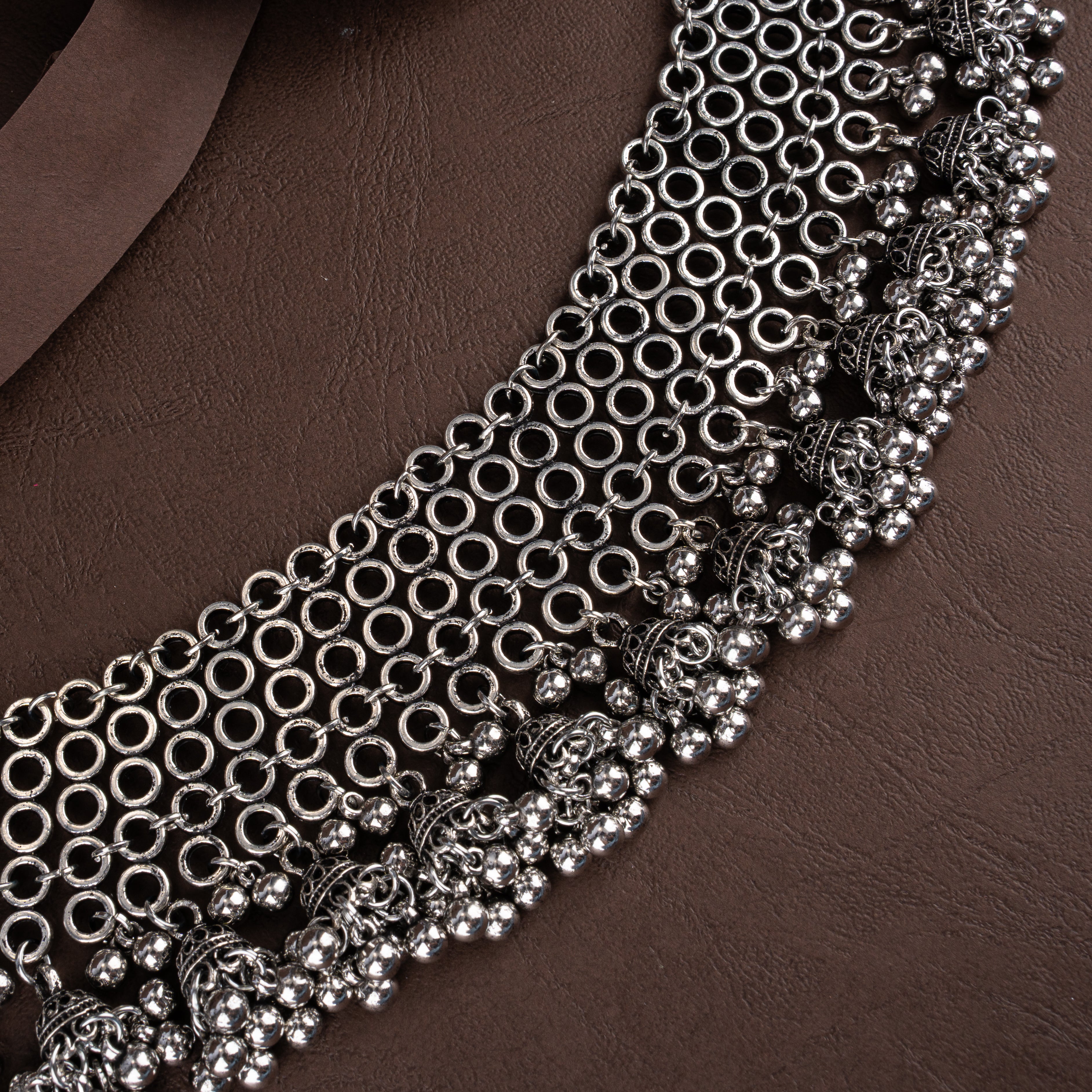 Oxidised Silver Choker Necklace Set with Jhumki Drops