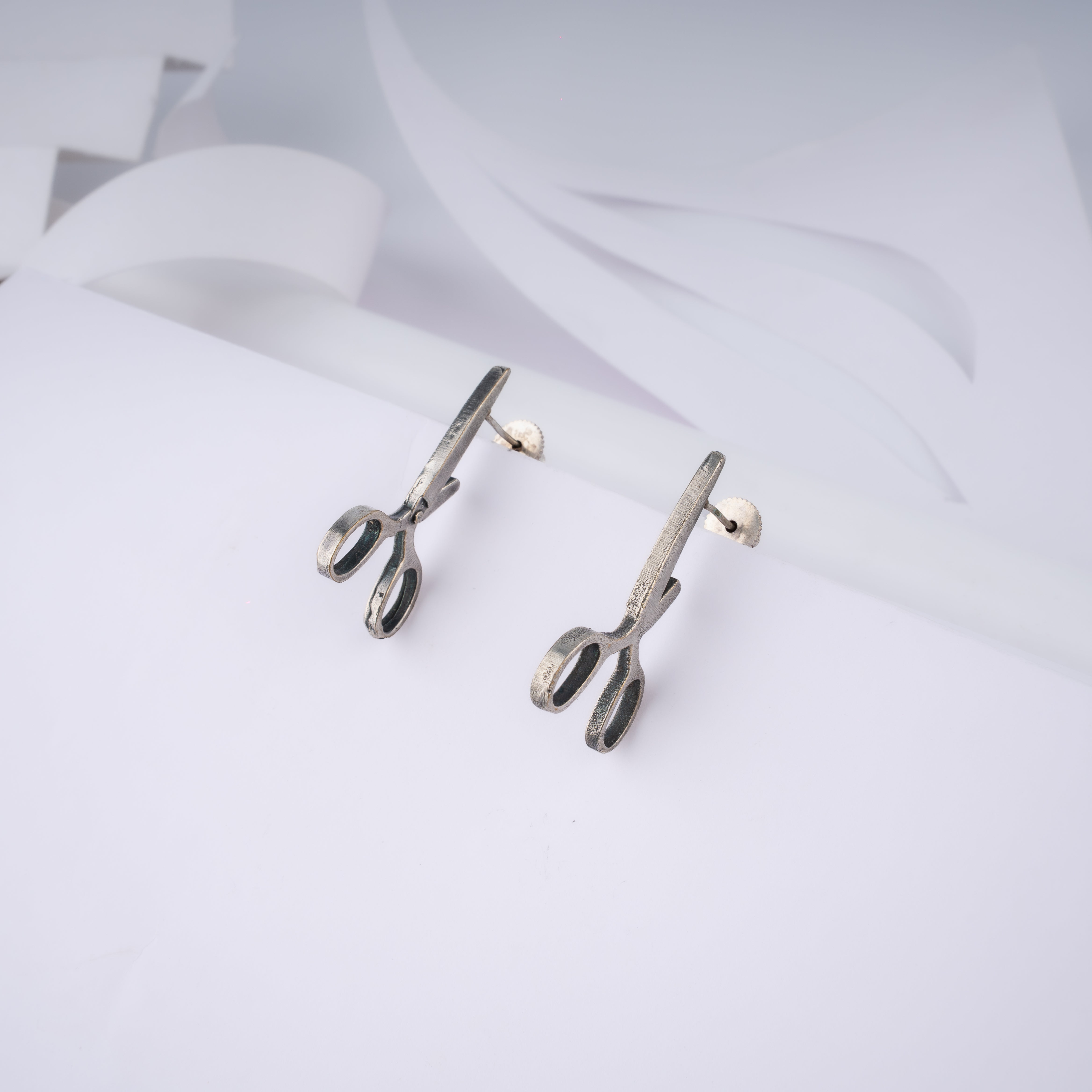 Oxidised Silver Tailor Scissors Stud Statement Earrings