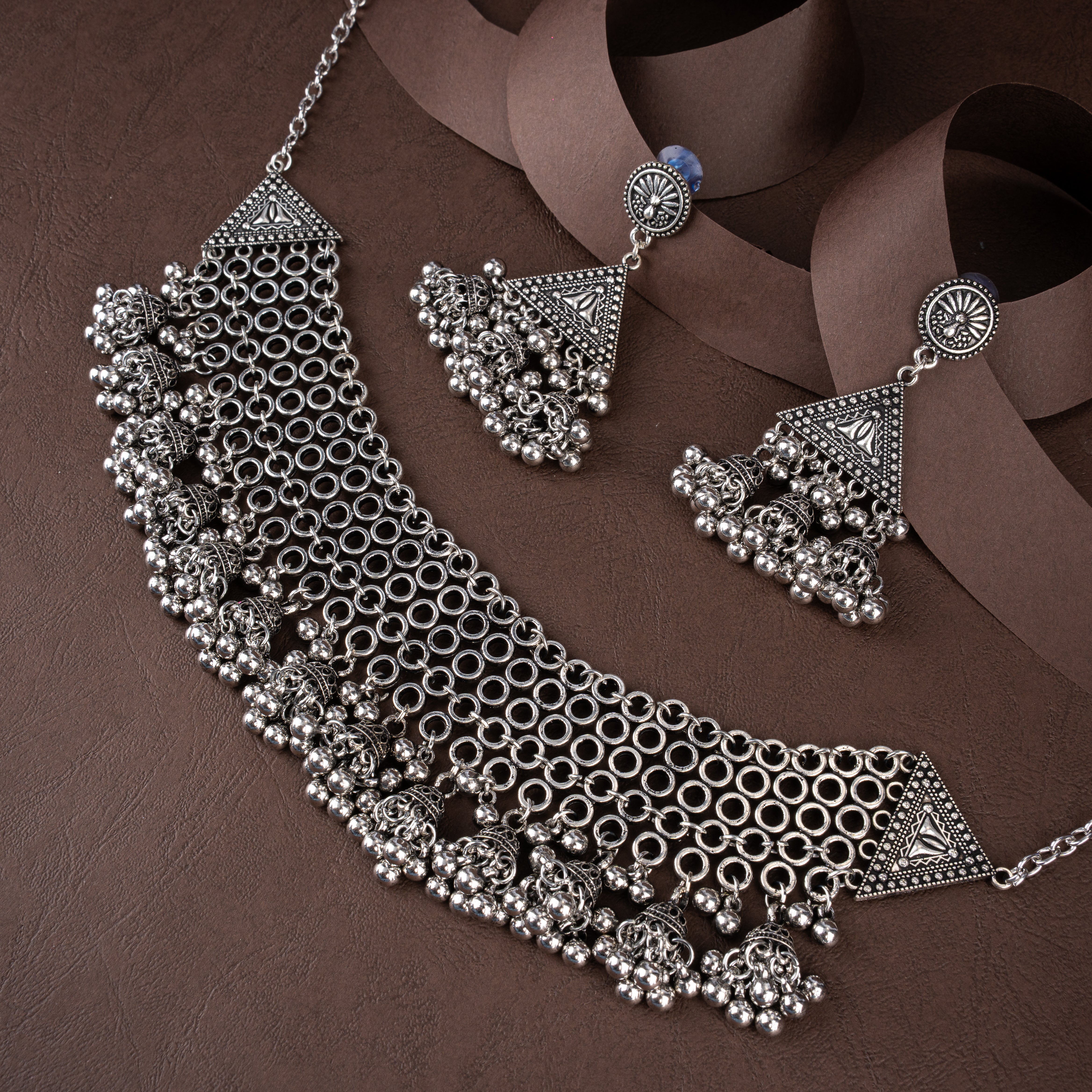 Oxidised Silver Choker Necklace Set with Jhumki Drops