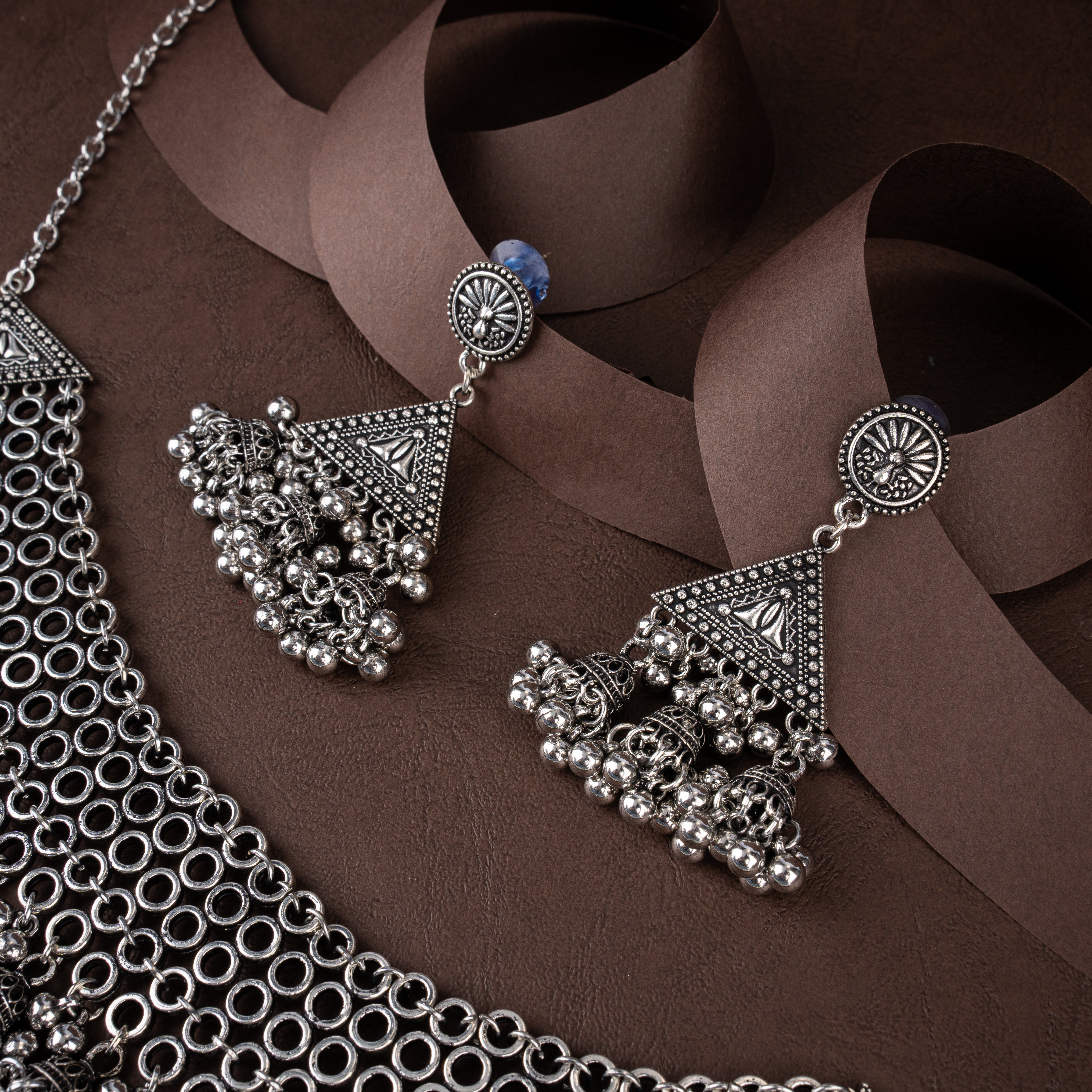 Oxidised Silver Choker Necklace Set with Jhumki Drops