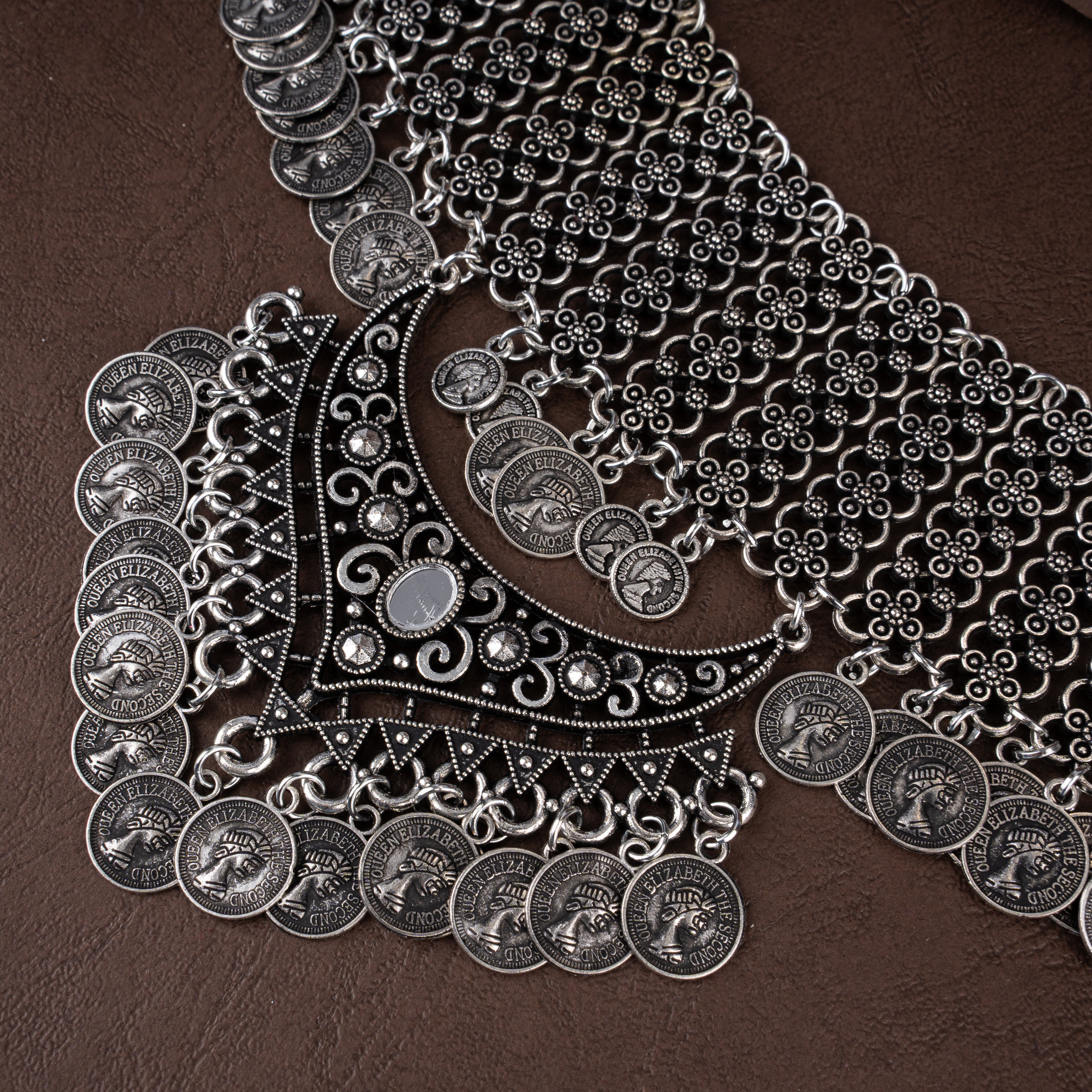 Oxidised Silver Filigree Mesh Coin Fringe Choker Necklace Set with Drop Earrings