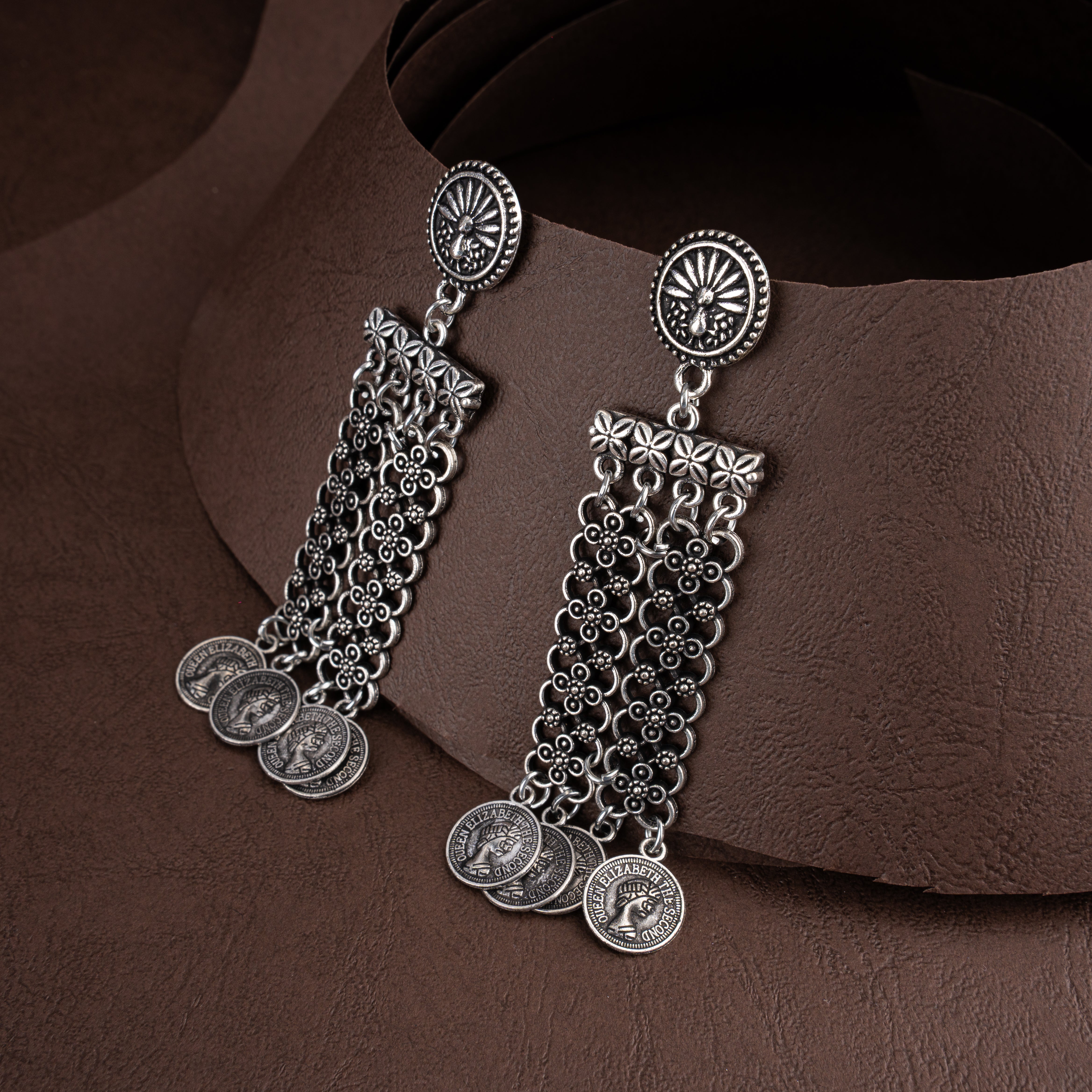 Oxidised Silver Filigree Mesh Coin Fringe Choker Necklace Set with Drop Earrings