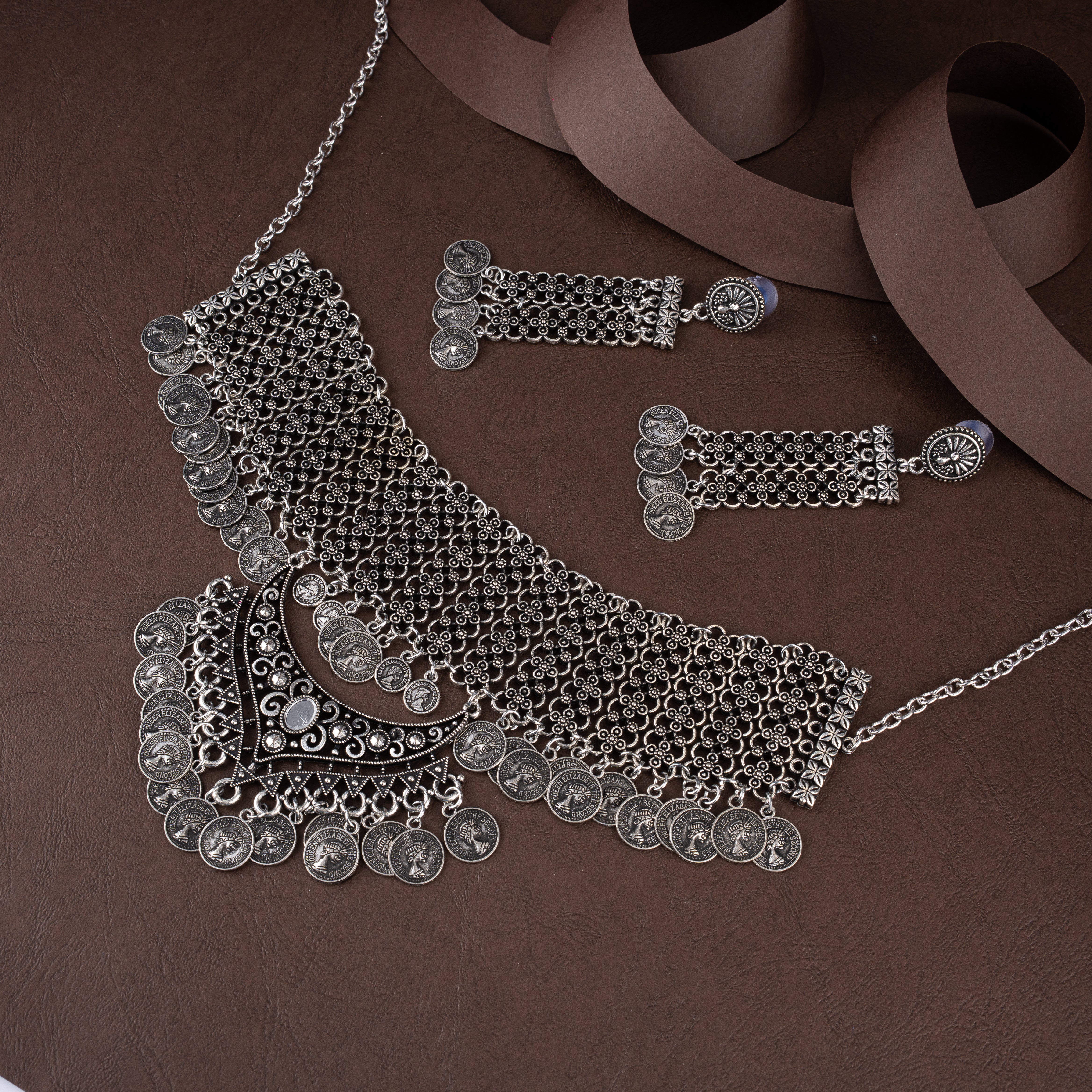 Oxidised Silver Filigree Mesh Coin Fringe Choker Necklace Set with Drop Earrings