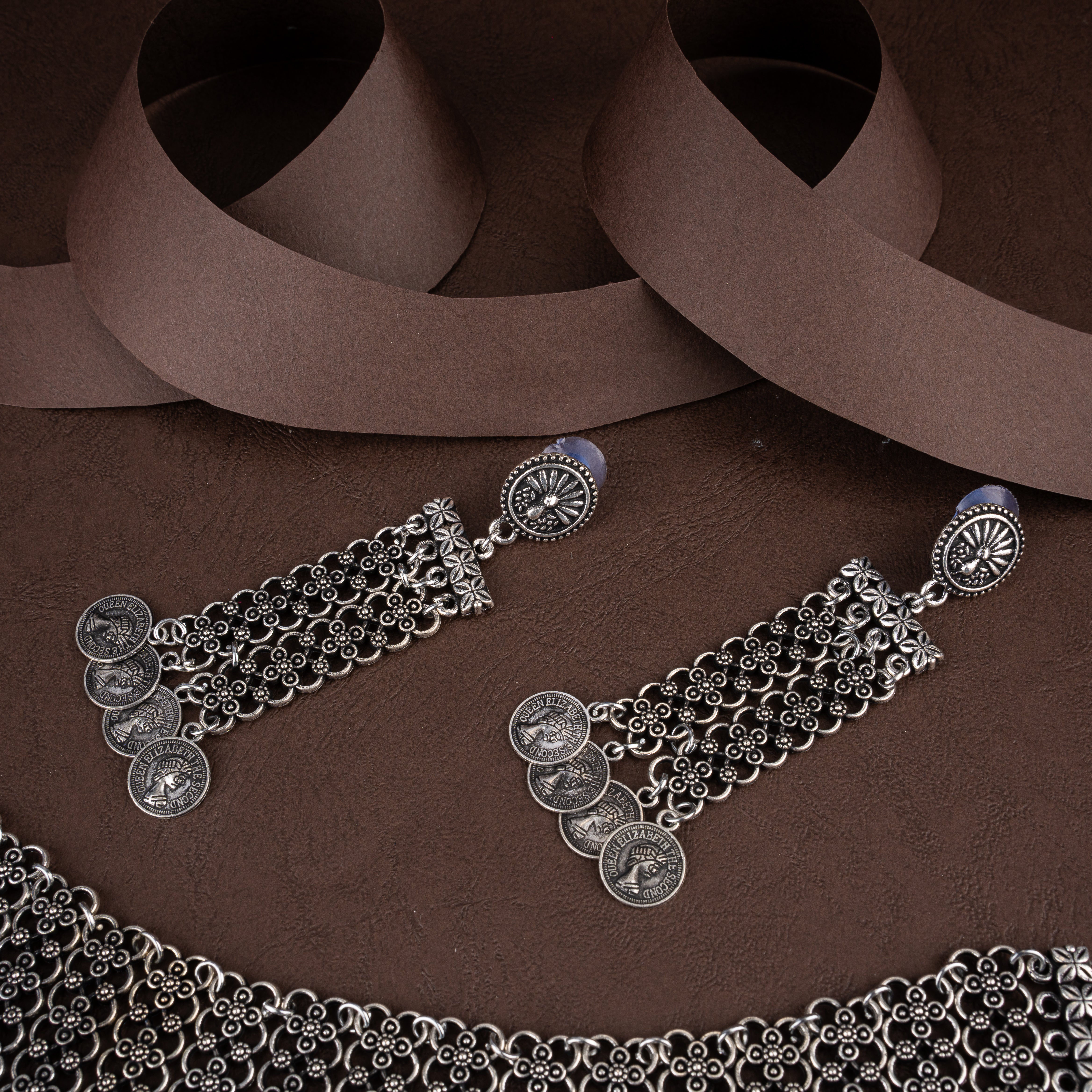 Oxidised Silver Filigree Mesh Coin Fringe Choker Necklace Set with Drop Earrings