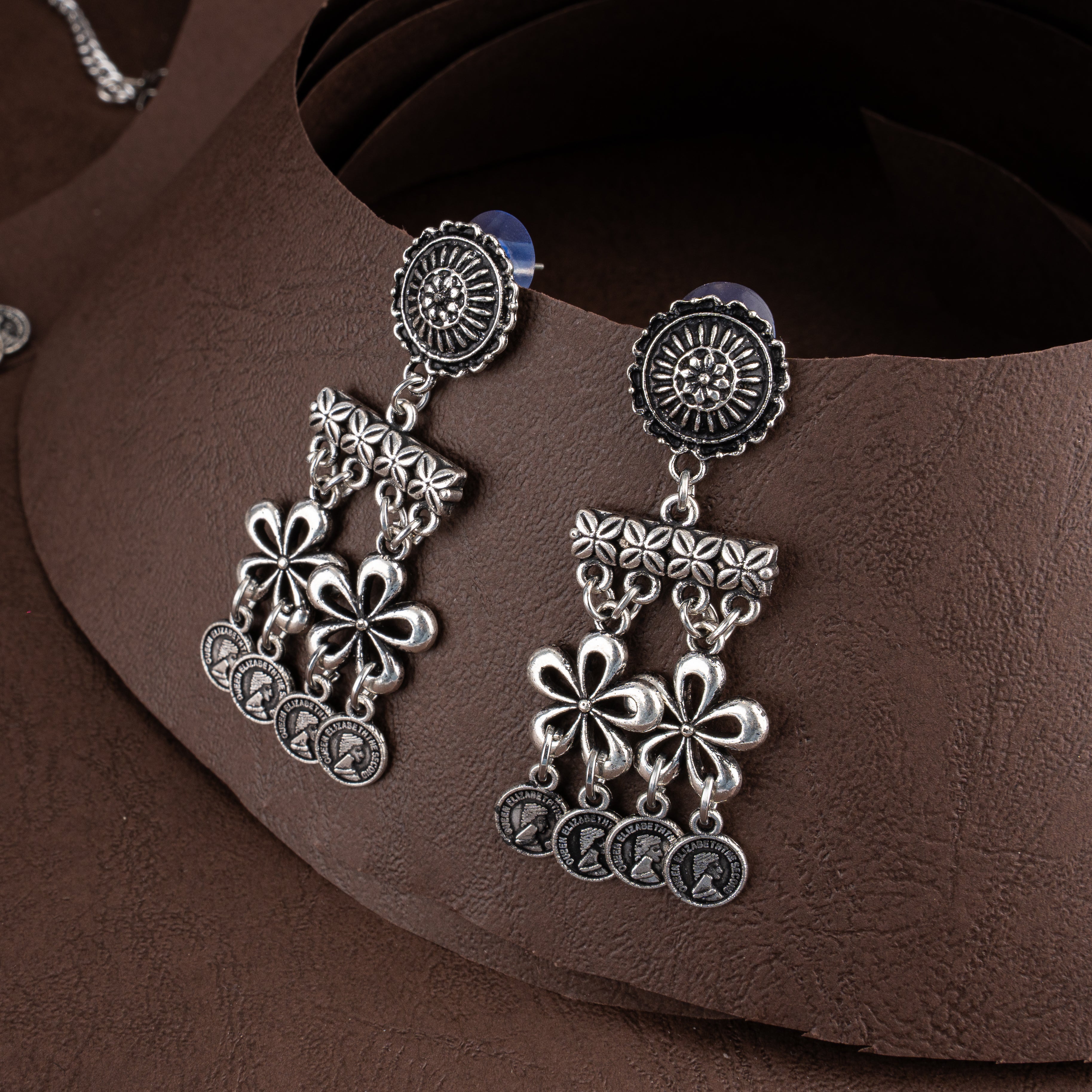 Oxidised Silver Floral Coin Tassel Choker Necklace Set with Drop Earrings