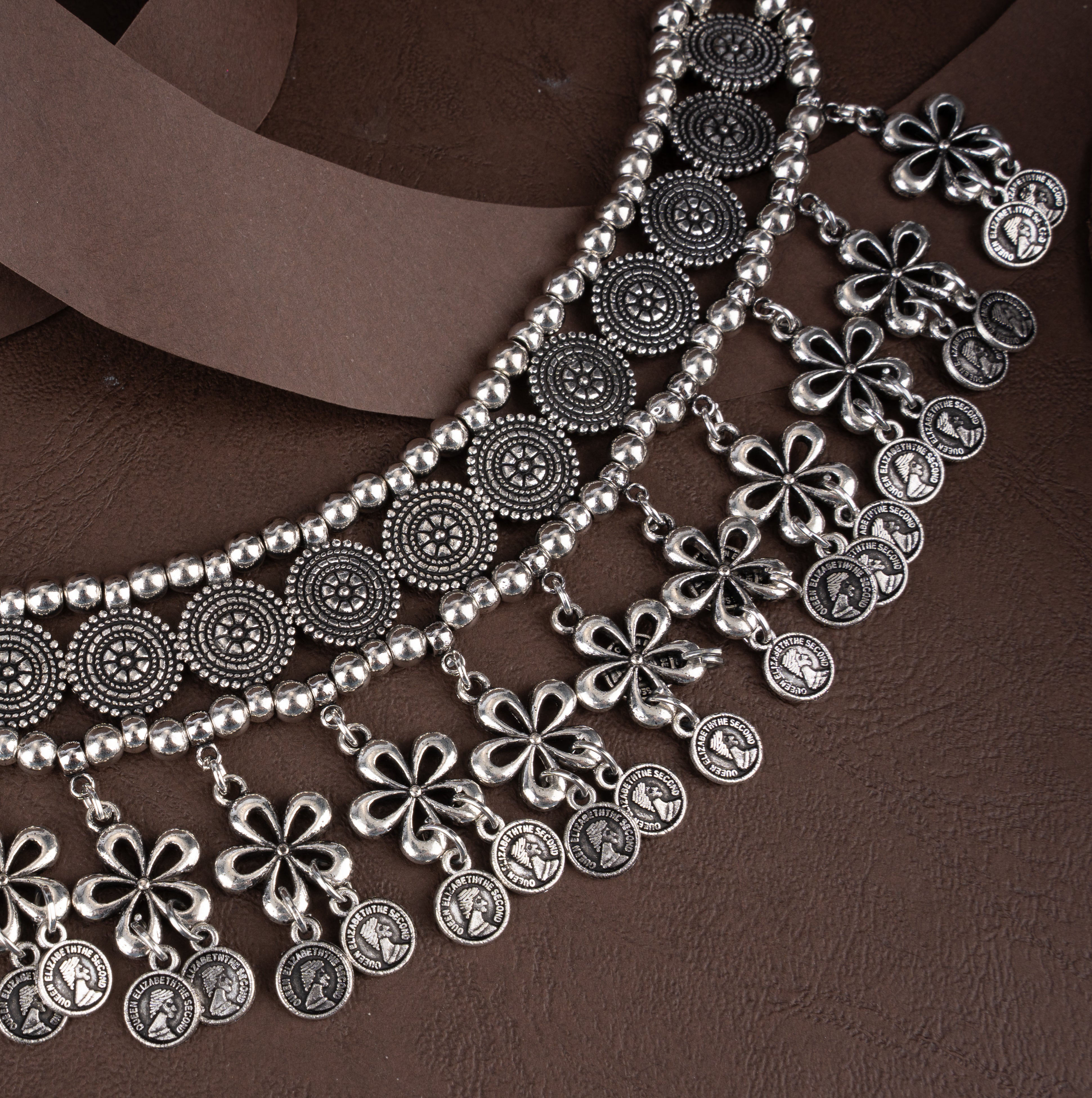 Oxidised Silver Floral Coin Tassel Choker Necklace Set with Drop Earrings