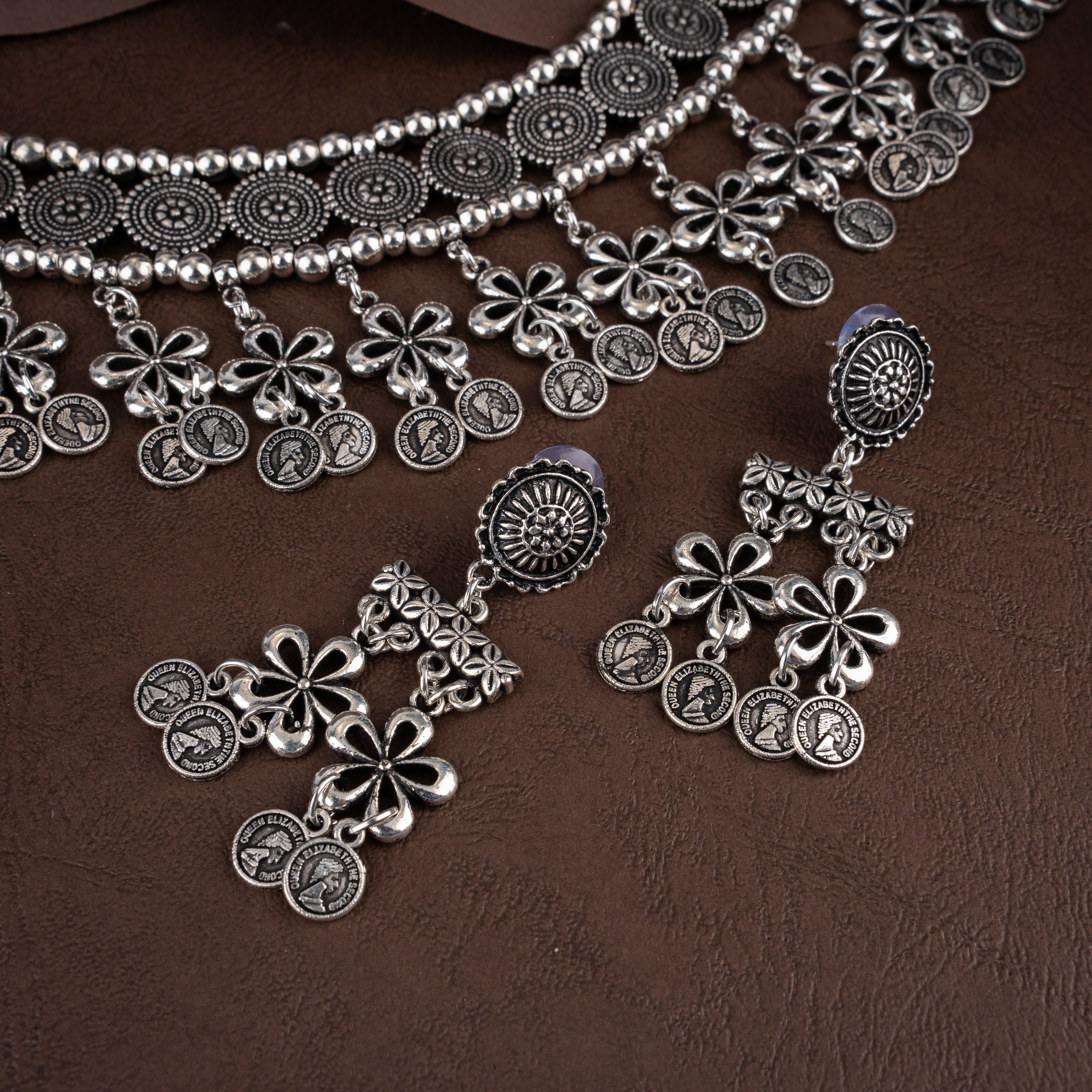 Oxidised Silver Floral Coin Tassel Choker Necklace Set with Drop Earrings