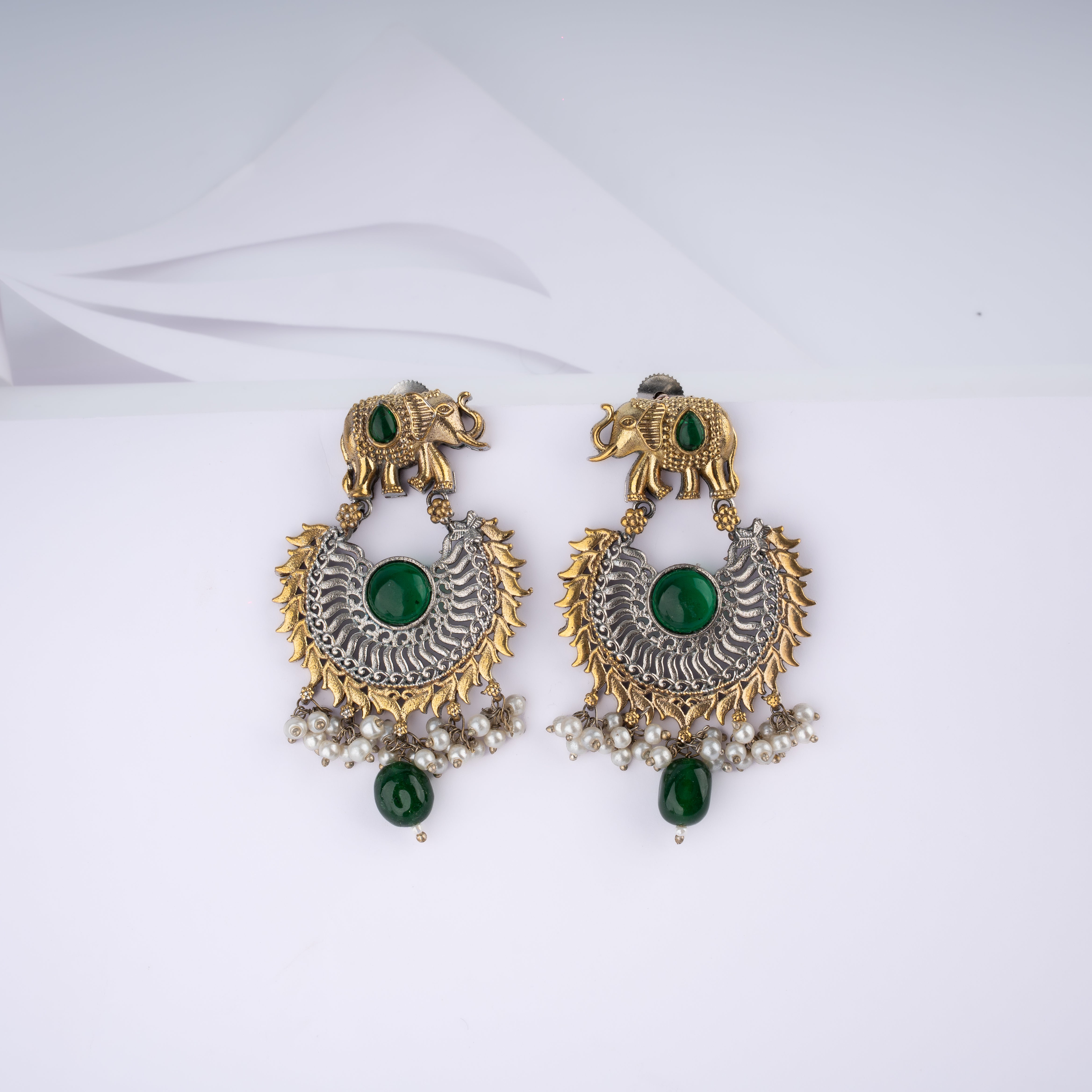 Dual Tone Royal Elephant Chandbali Stone Pearl Statement Drop Earrings