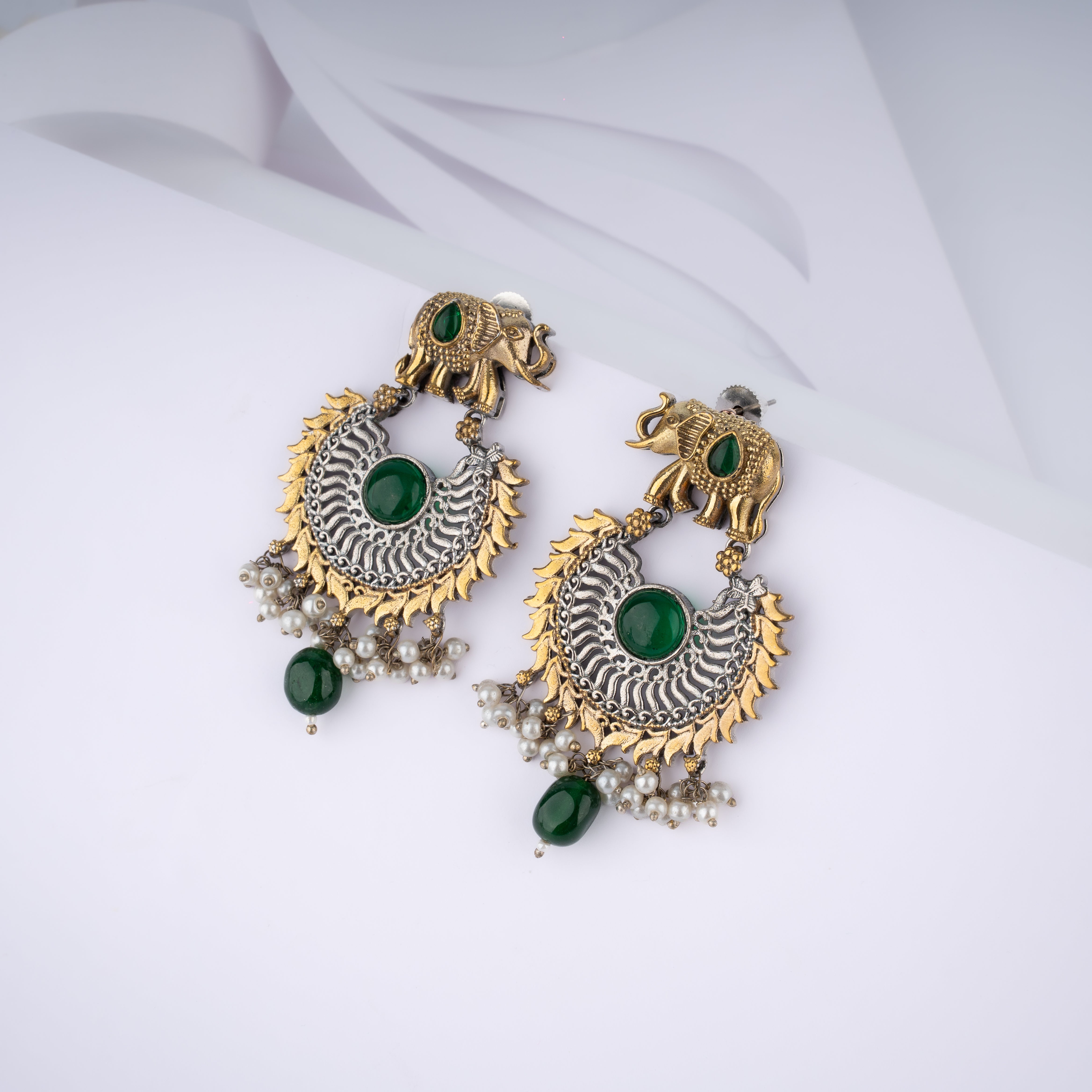 Dual Tone Royal Elephant Chandbali Stone Pearl Statement Drop Earrings