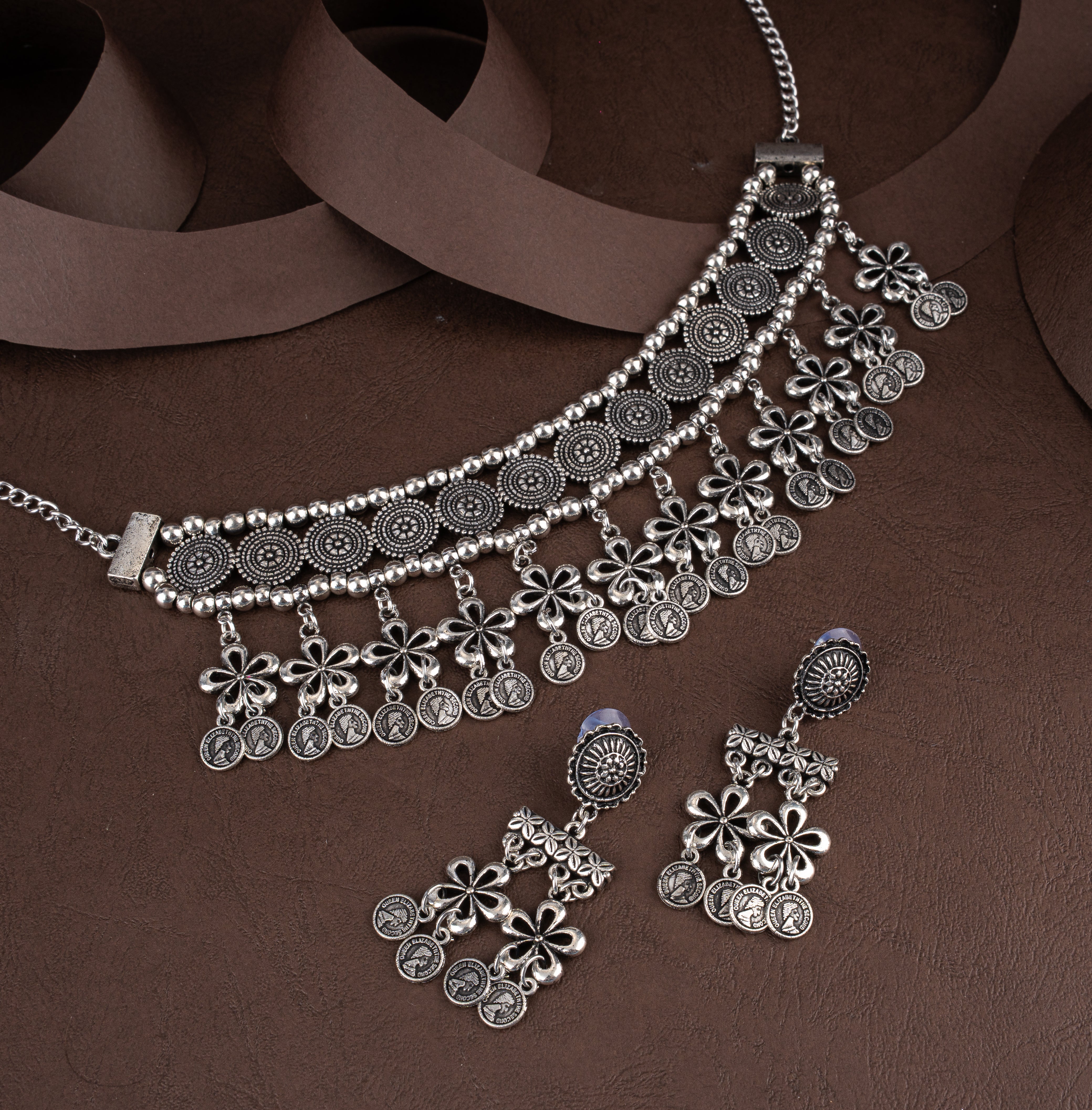 Oxidised Silver Floral Coin Tassel Choker Necklace Set with Drop Earrings