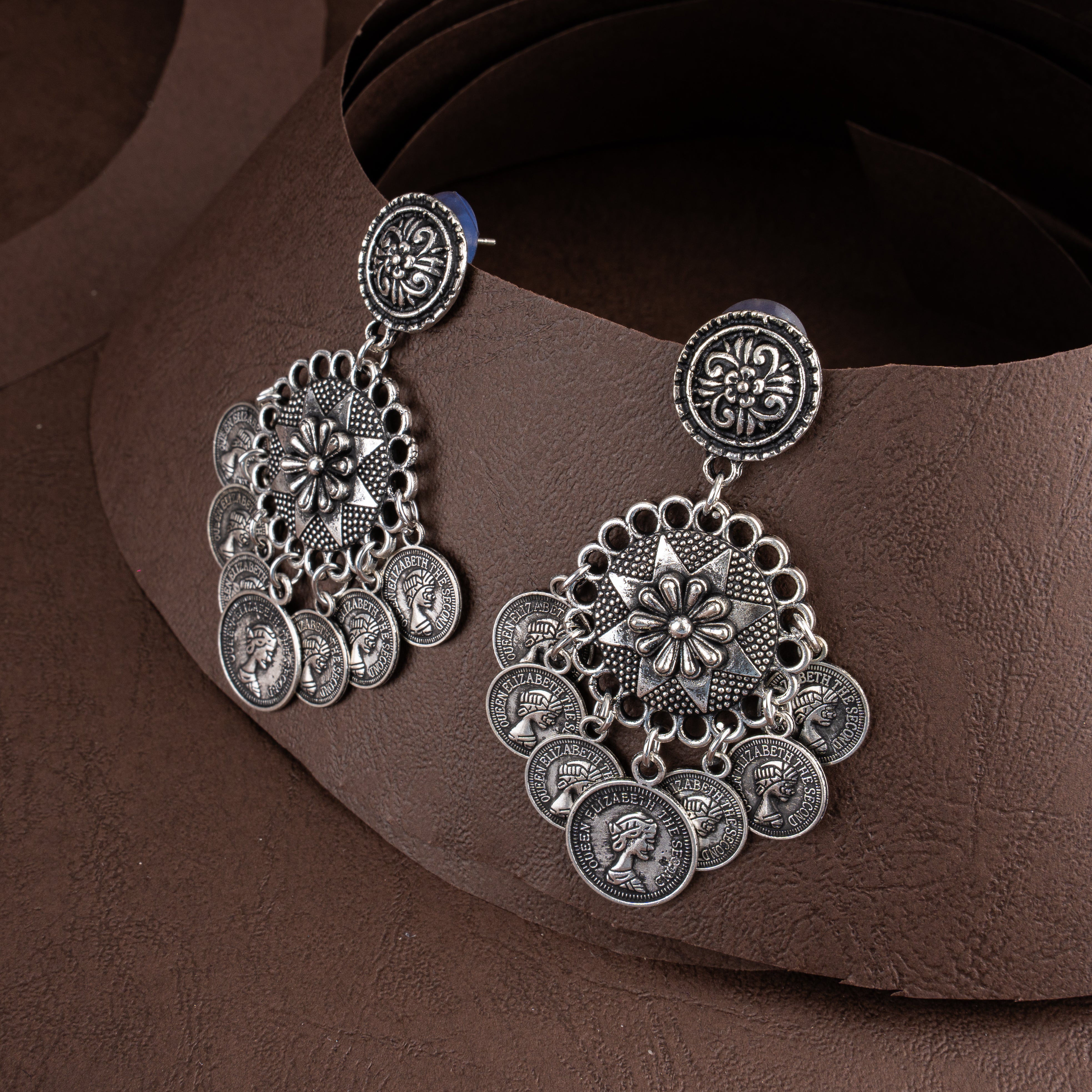Oxidised Silver Star Mandala Coin Fringe Necklace Set with Statement Bib Pendant