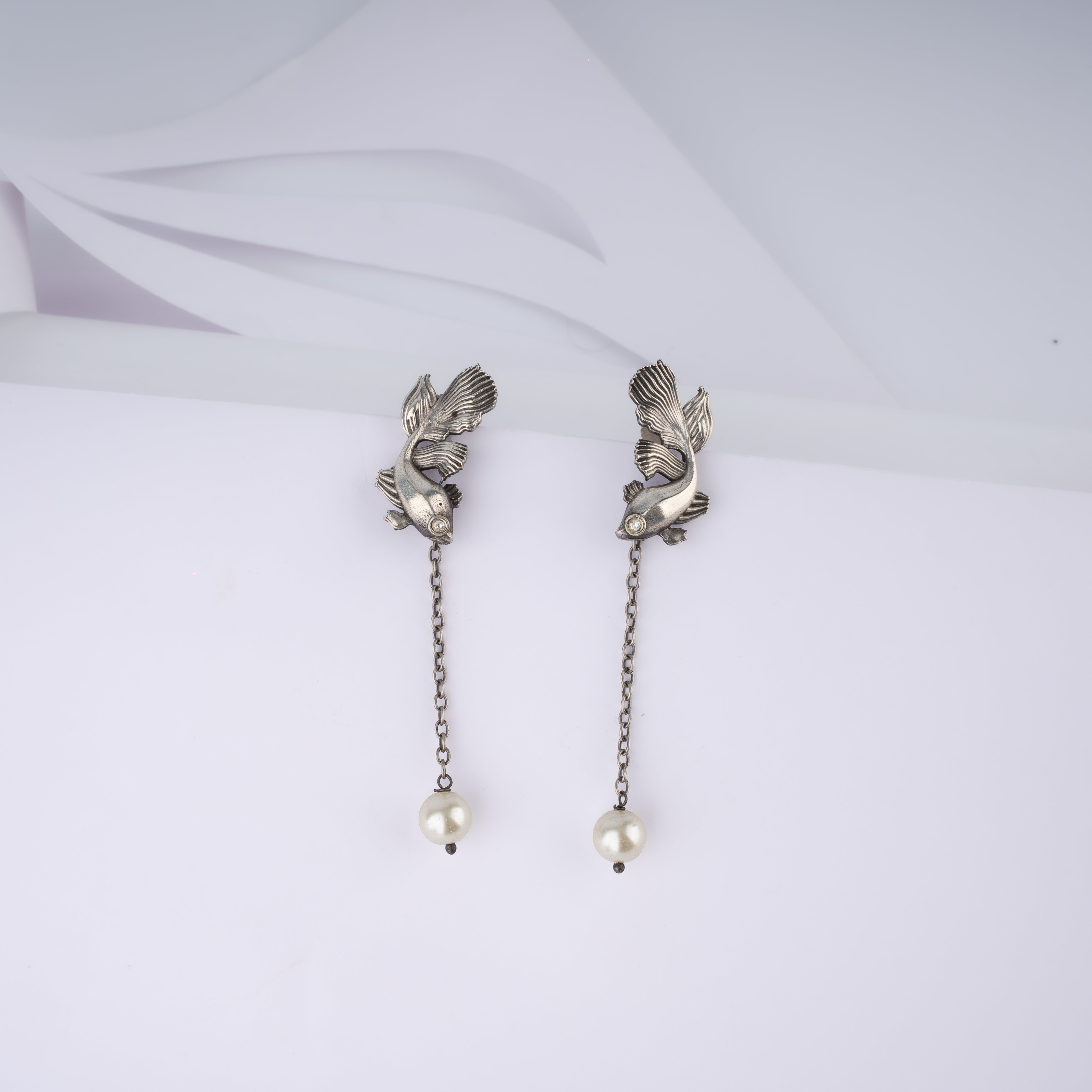 Oxidised Silver Betta Fish Pearl Chain Long Drop Statement Earrings