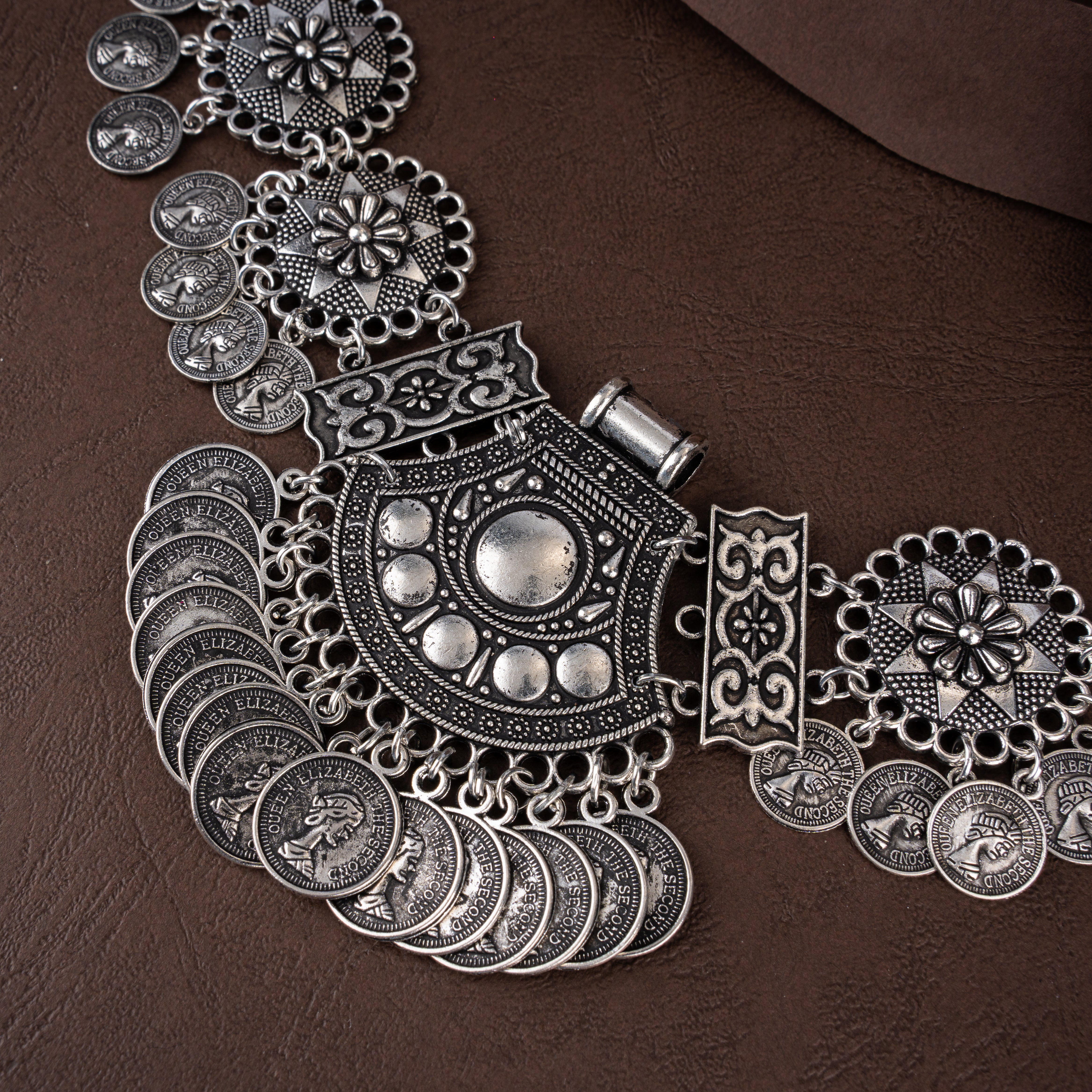 Oxidised Silver Star Mandala Coin Fringe Necklace Set with Statement Bib Pendant
