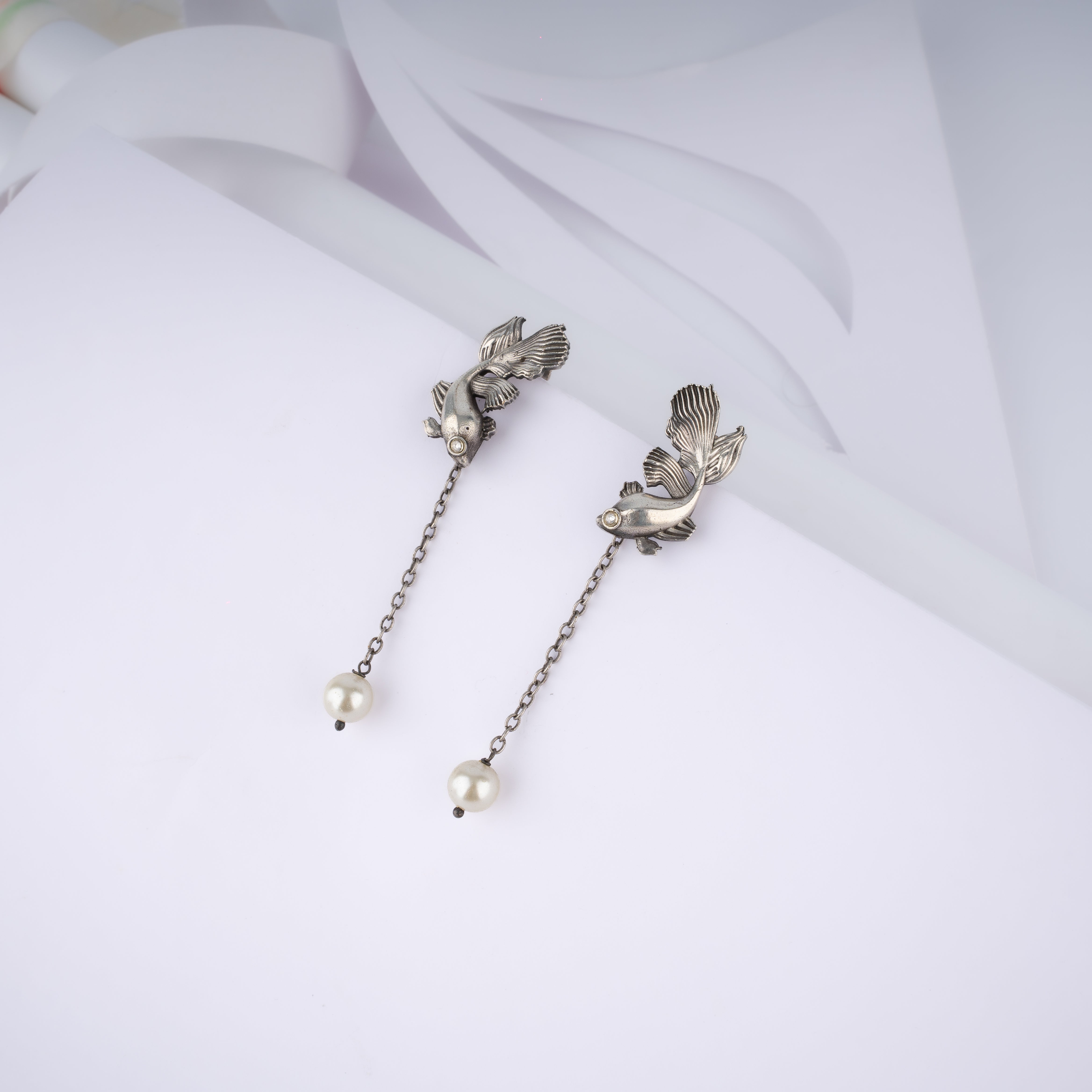 Oxidised Silver Betta Fish Pearl Chain Long Drop Statement Earrings