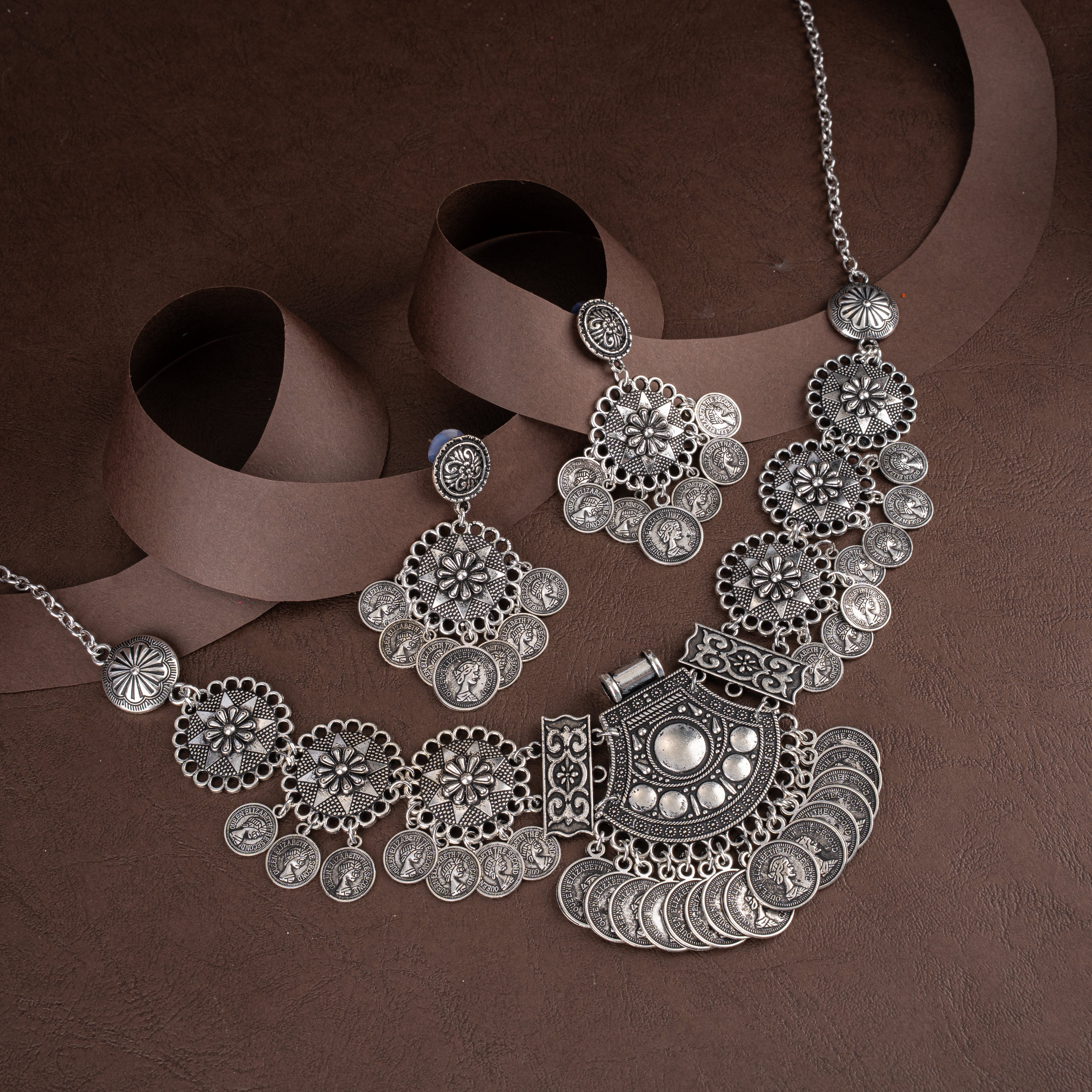 Oxidised Silver Star Mandala Coin Fringe Necklace Set with Statement Bib Pendant