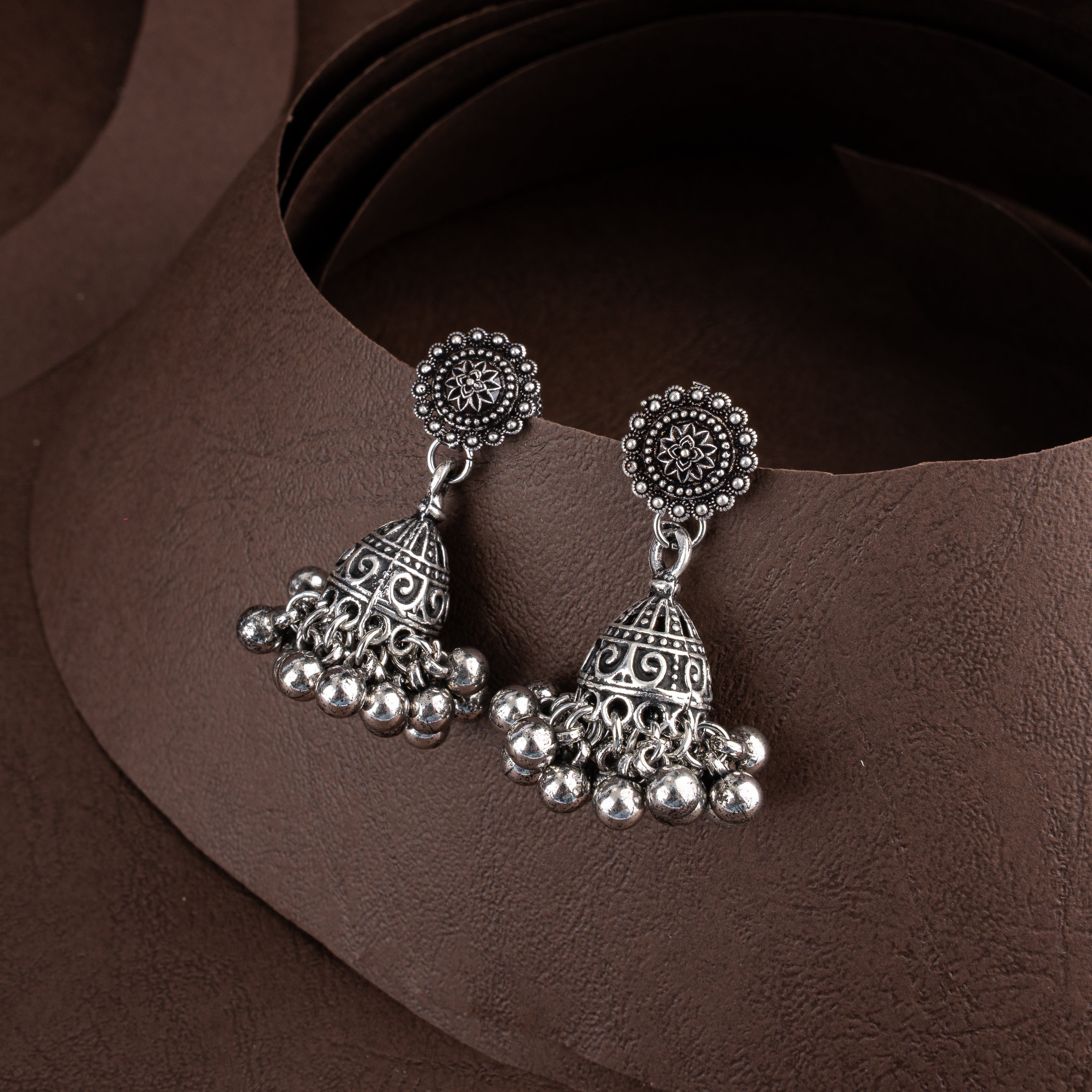 Oxidised Silver Ladder Bar Choker Necklace Set with Cascading Bell Jhumkis