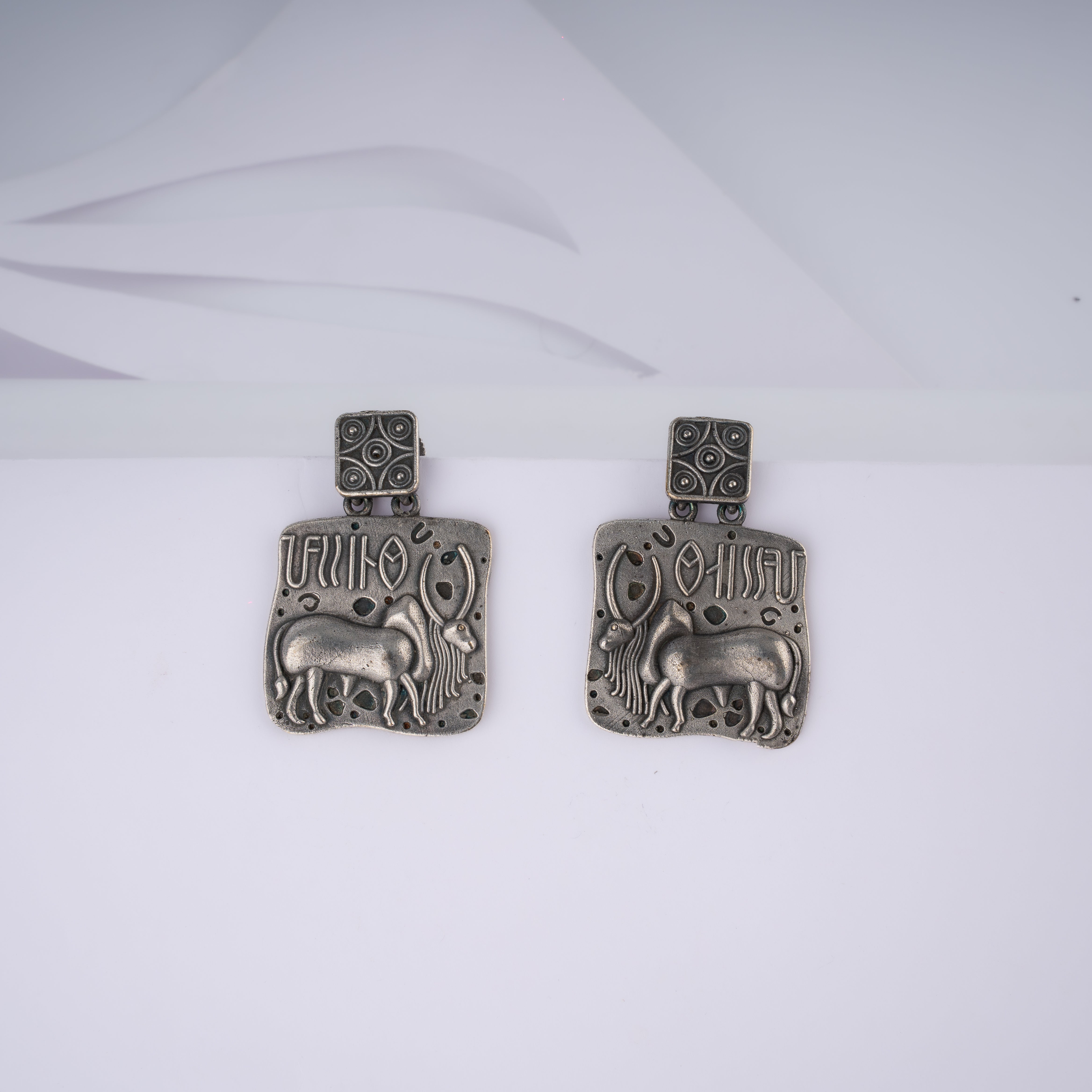 Oxidised Silver Indus Valley Bull Seal Plaque Statement Drop Earrings