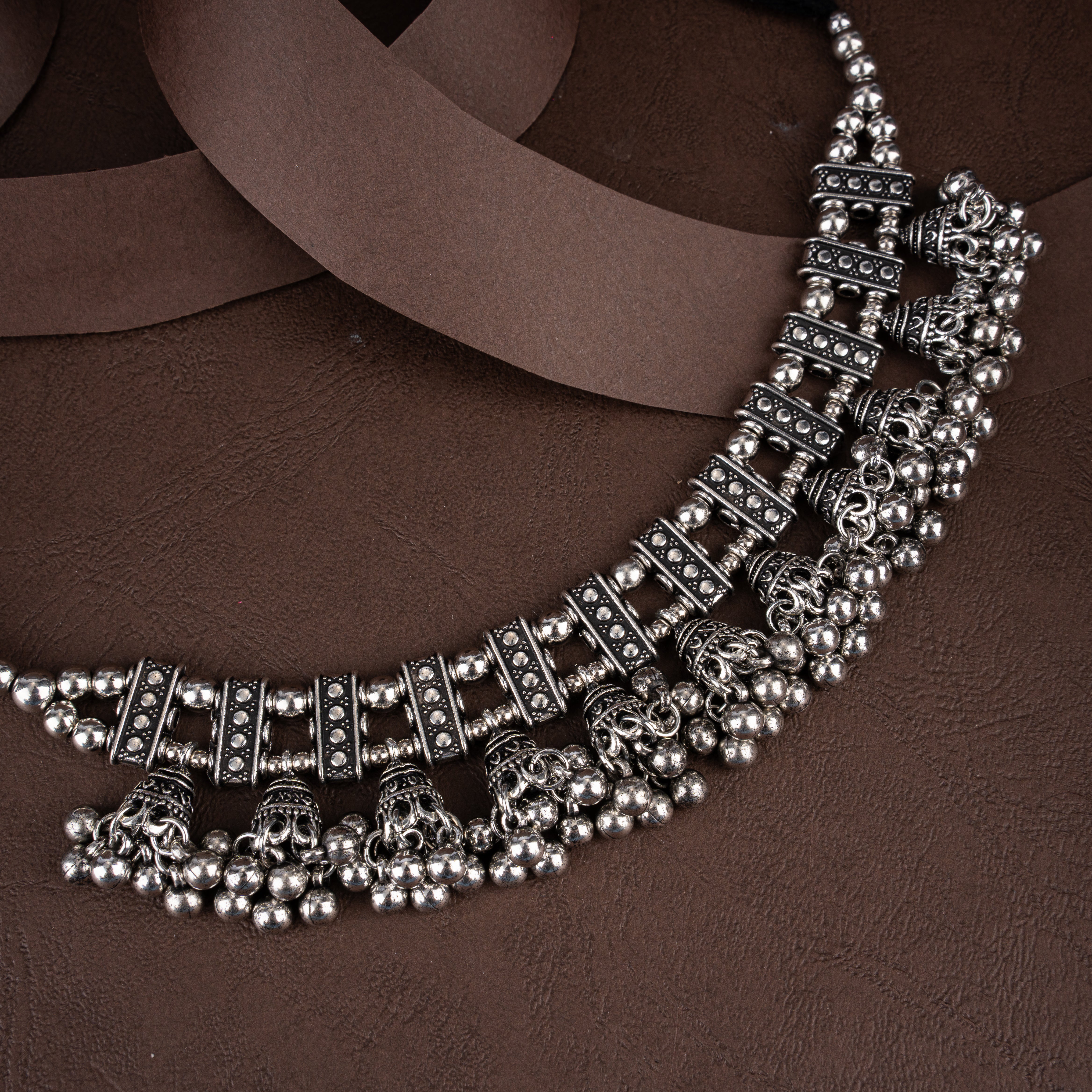 Oxidised Silver Ladder Bar Choker Necklace Set with Cascading Bell Jhumkis