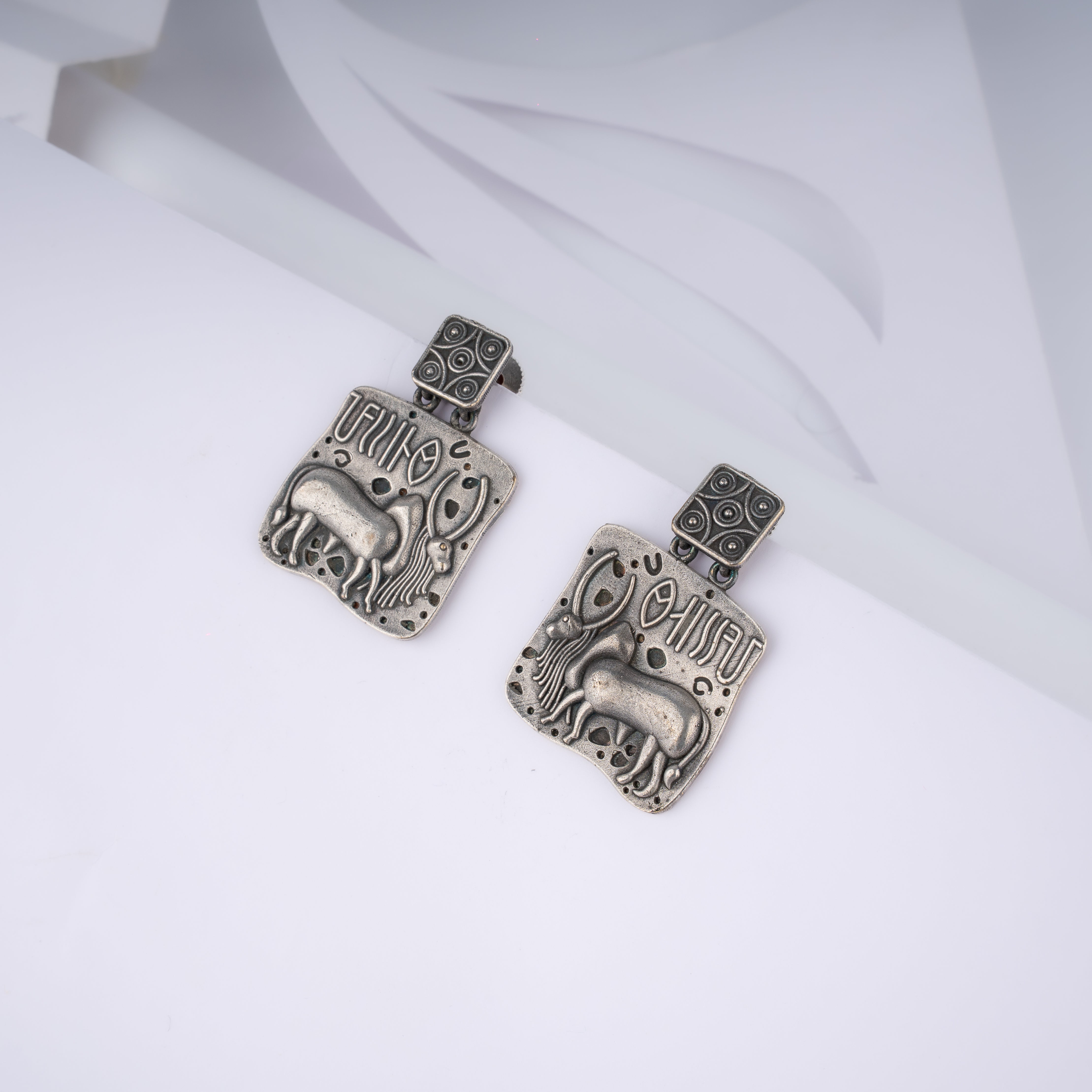 Oxidised Silver Indus Valley Bull Seal Plaque Statement Drop Earrings