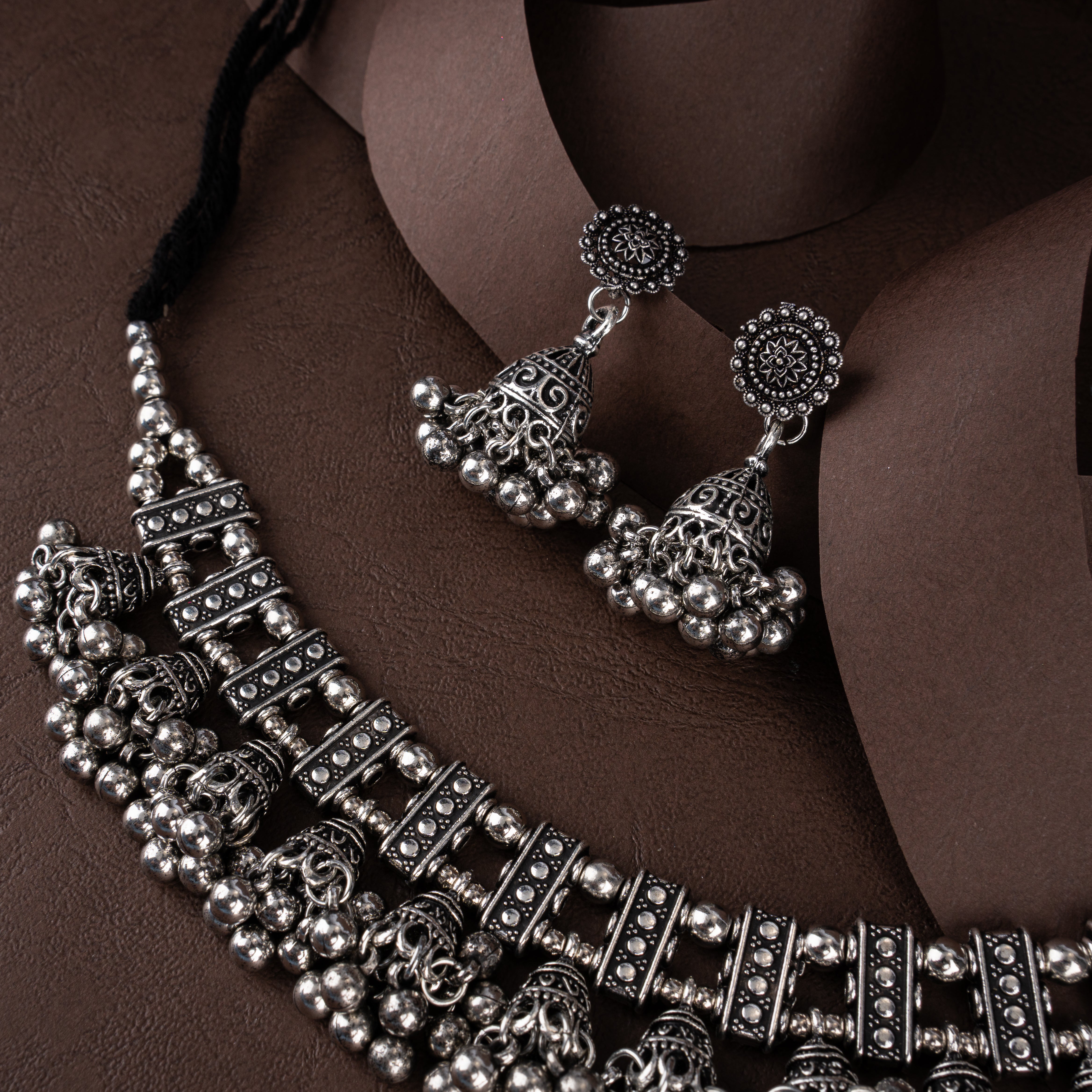 Oxidised Silver Ladder Bar Choker Necklace Set with Cascading Bell Jhumkis