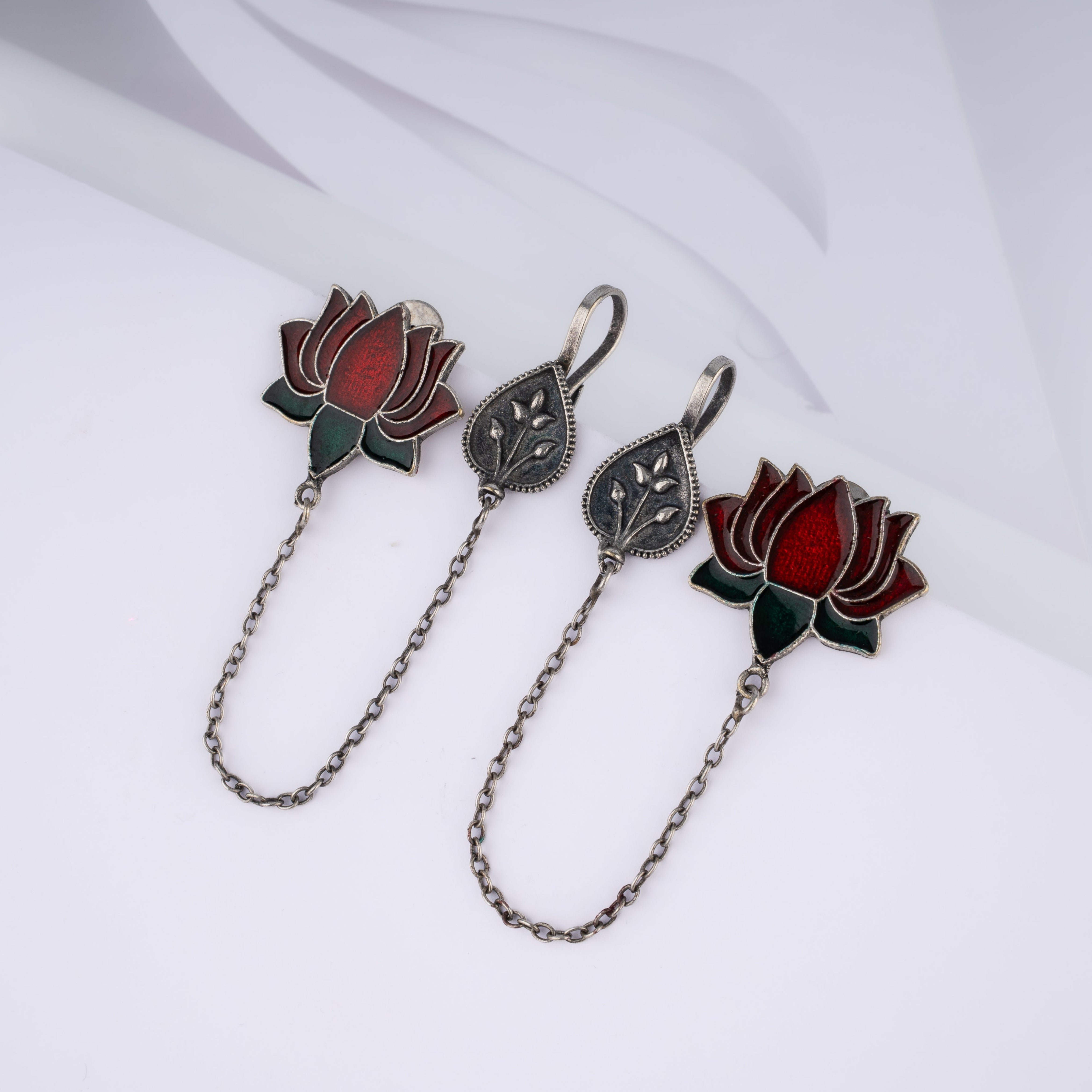 Oxidised Silver Meenakari Lotus Ear Chain Cuff Statement Earrings