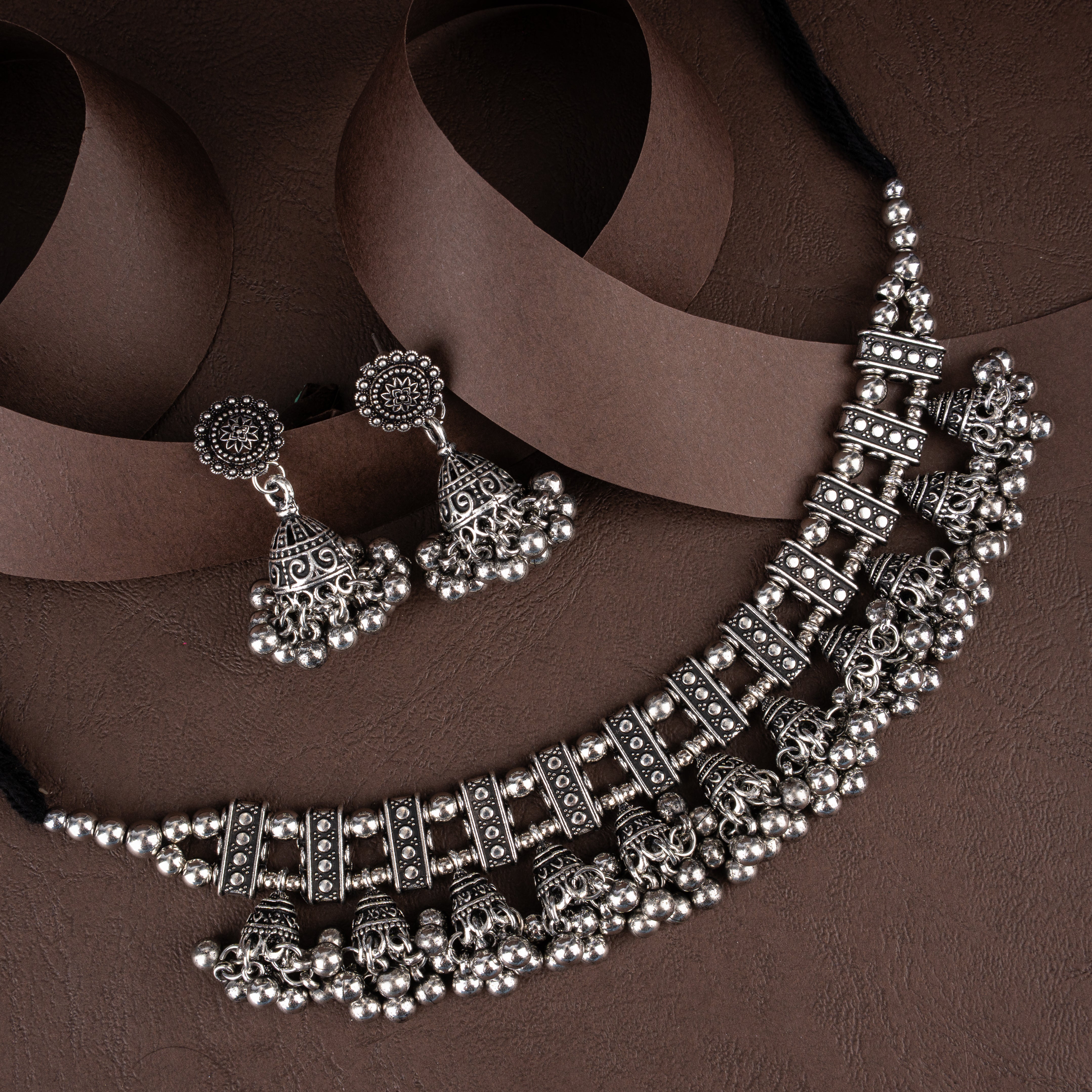 Oxidised Silver Ladder Bar Choker Necklace Set with Cascading Bell Jhumkis