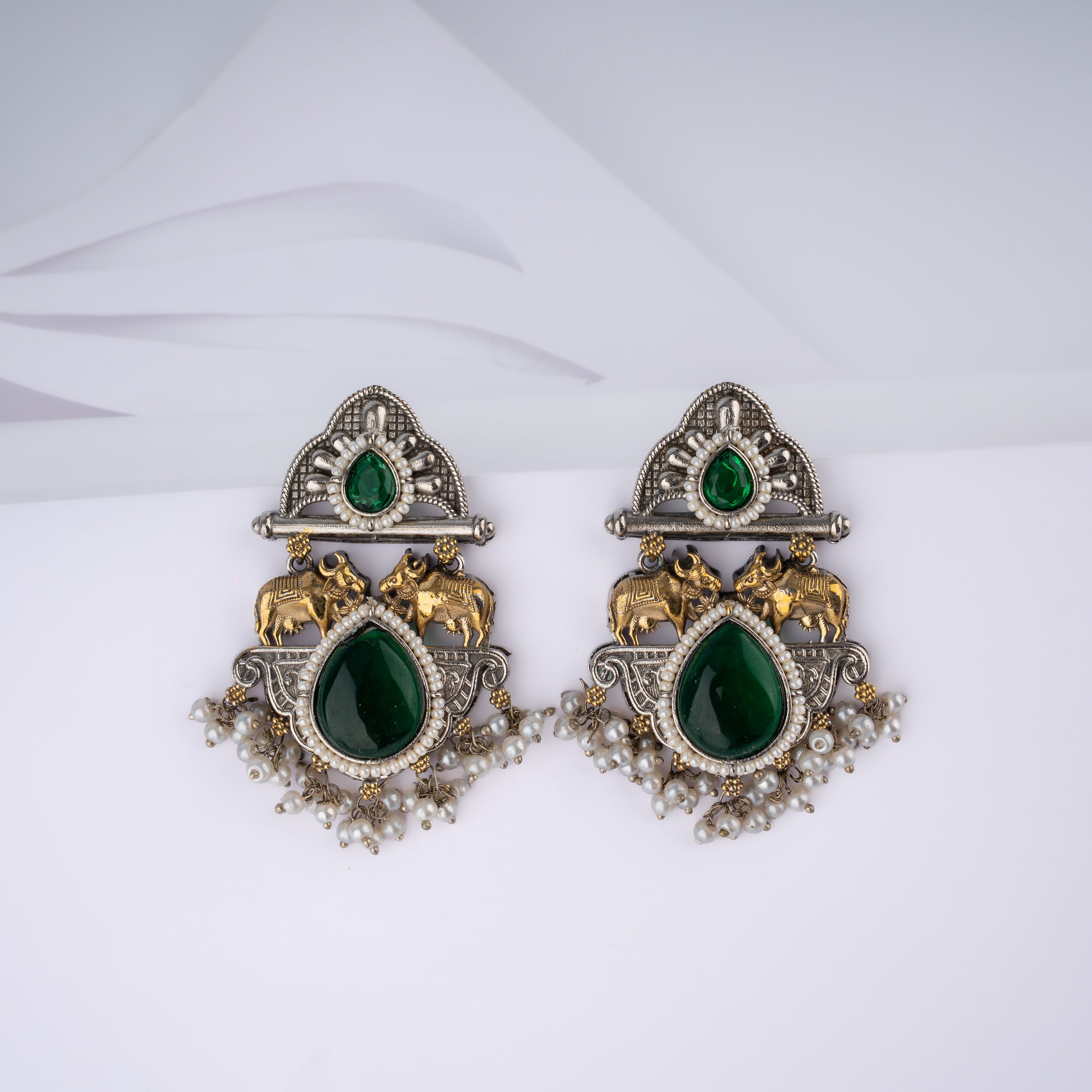 Dual Tone Sacred Cow Arch Stone Pearl Statement Drop Earrings