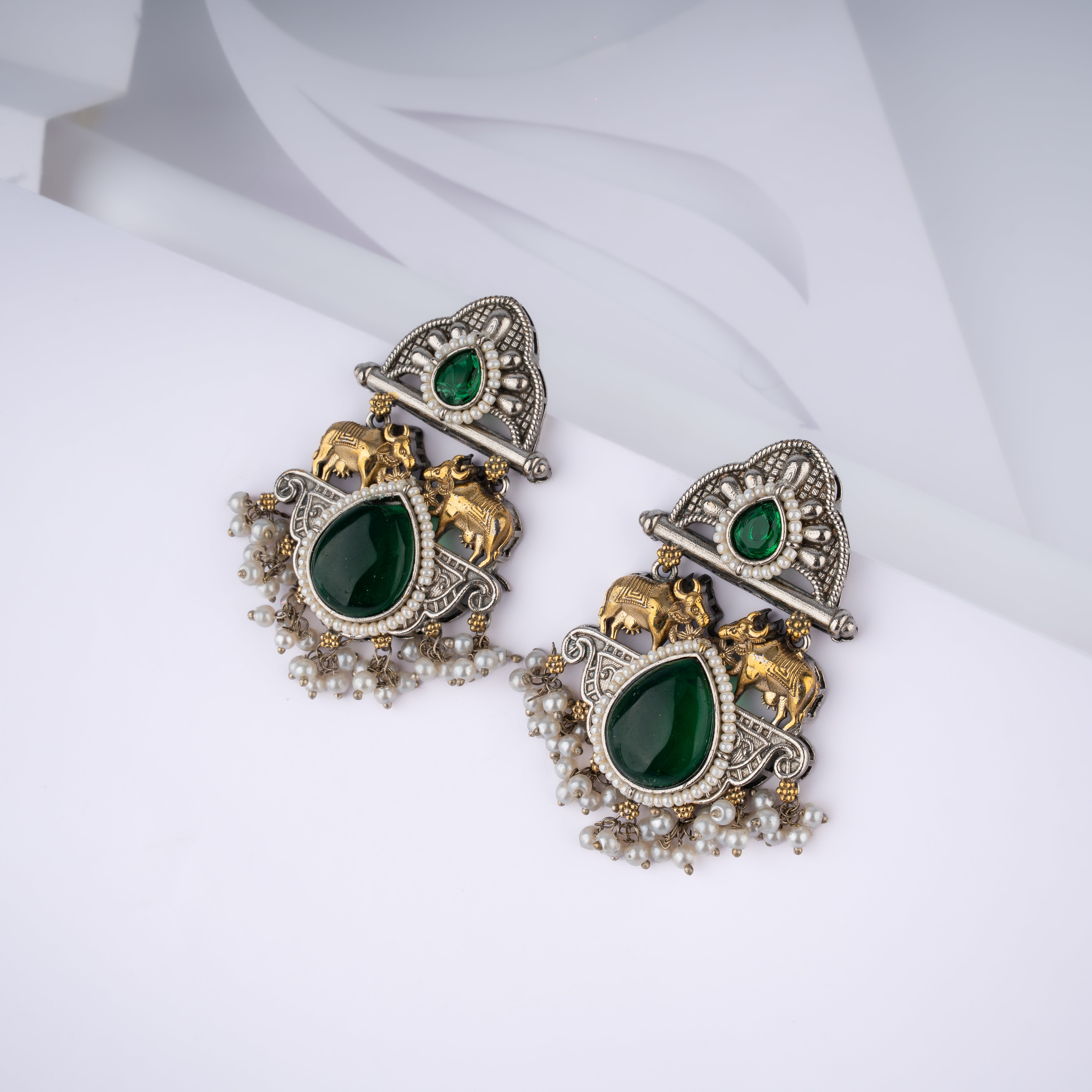 Dual Tone Sacred Cow Arch Stone Pearl Statement Drop Earrings