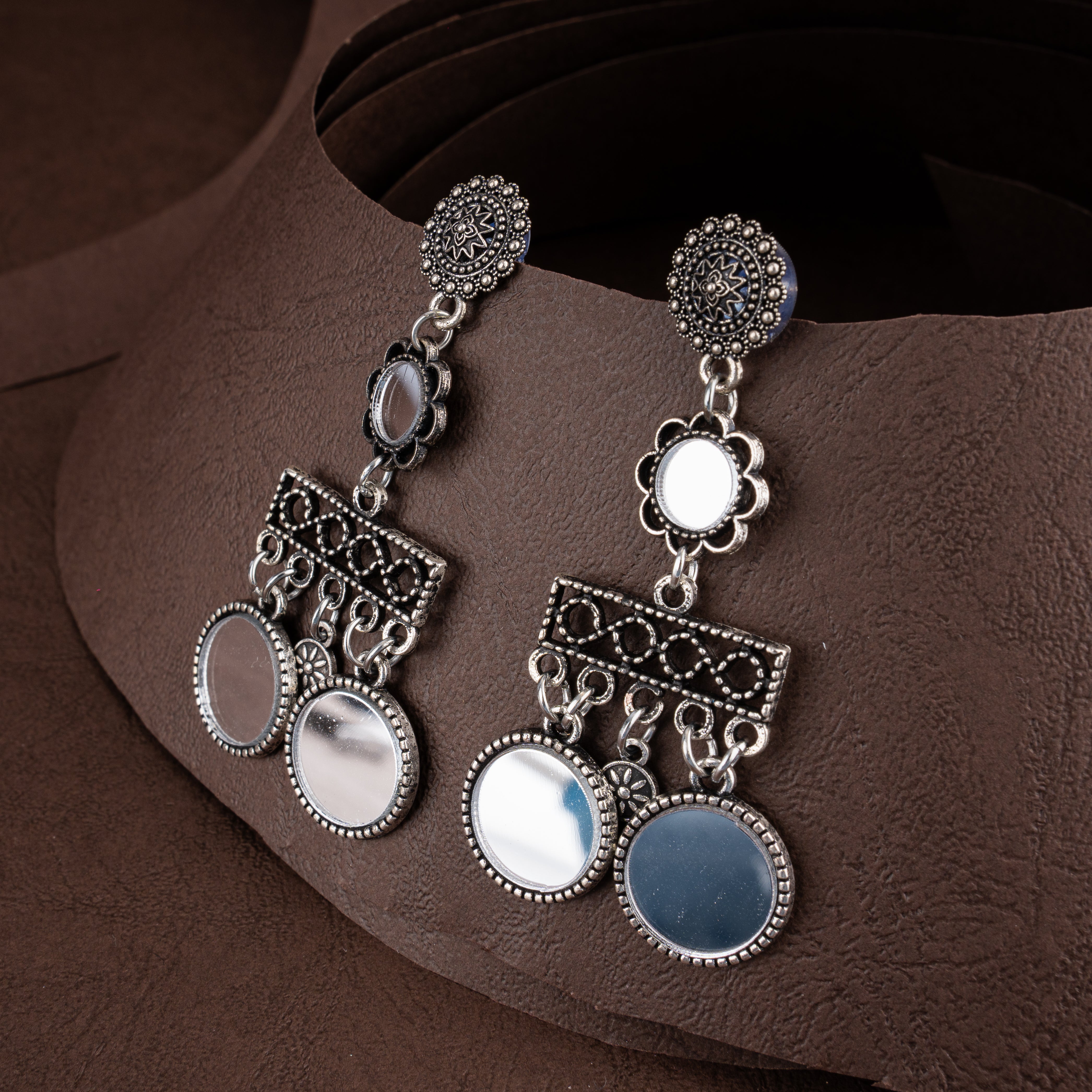 Oxidised Silver Floral Mirror Work Collar Choker Necklace Set with Drop Earrings