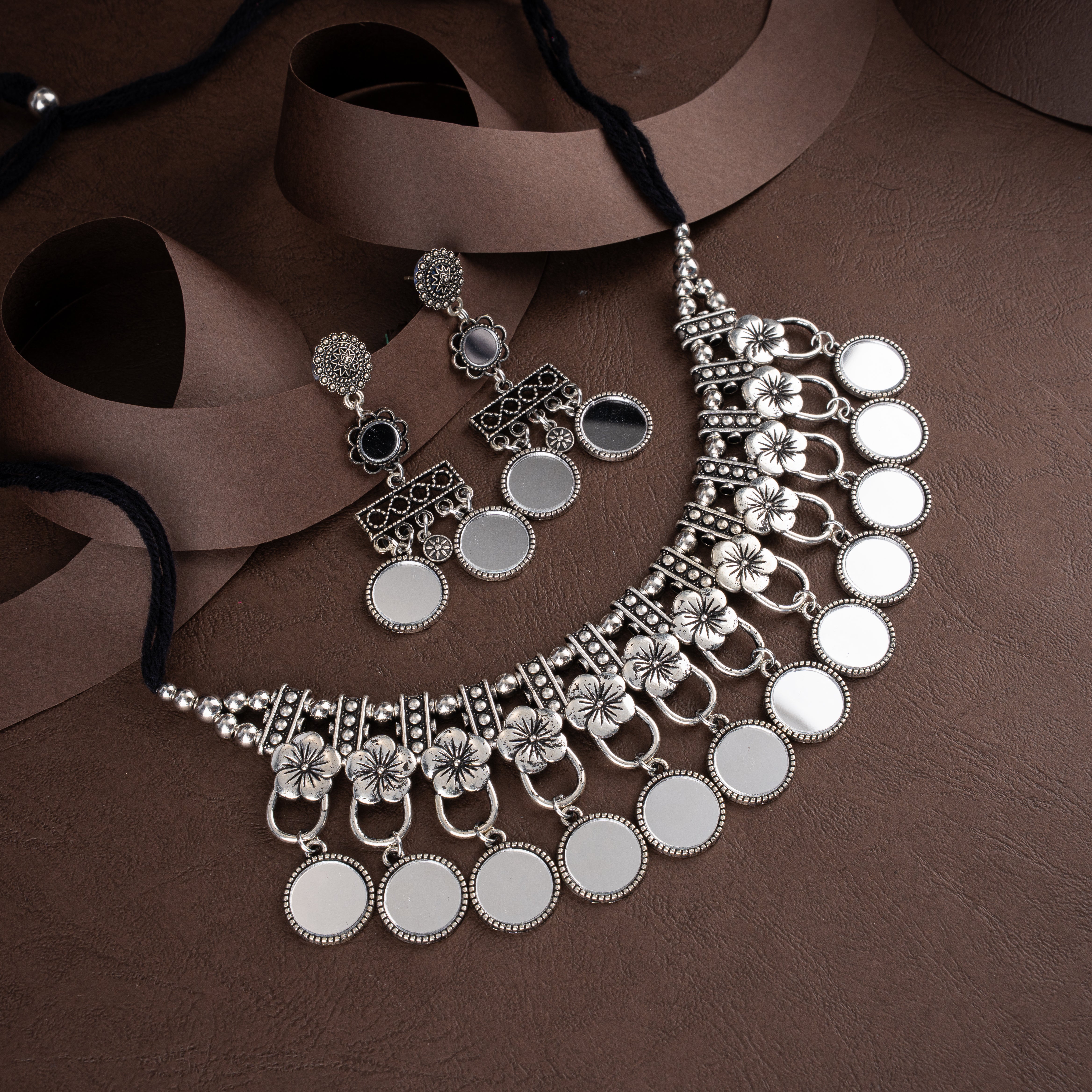 Oxidised Silver Floral Mirror Work Collar Choker Necklace Set with Drop Earrings