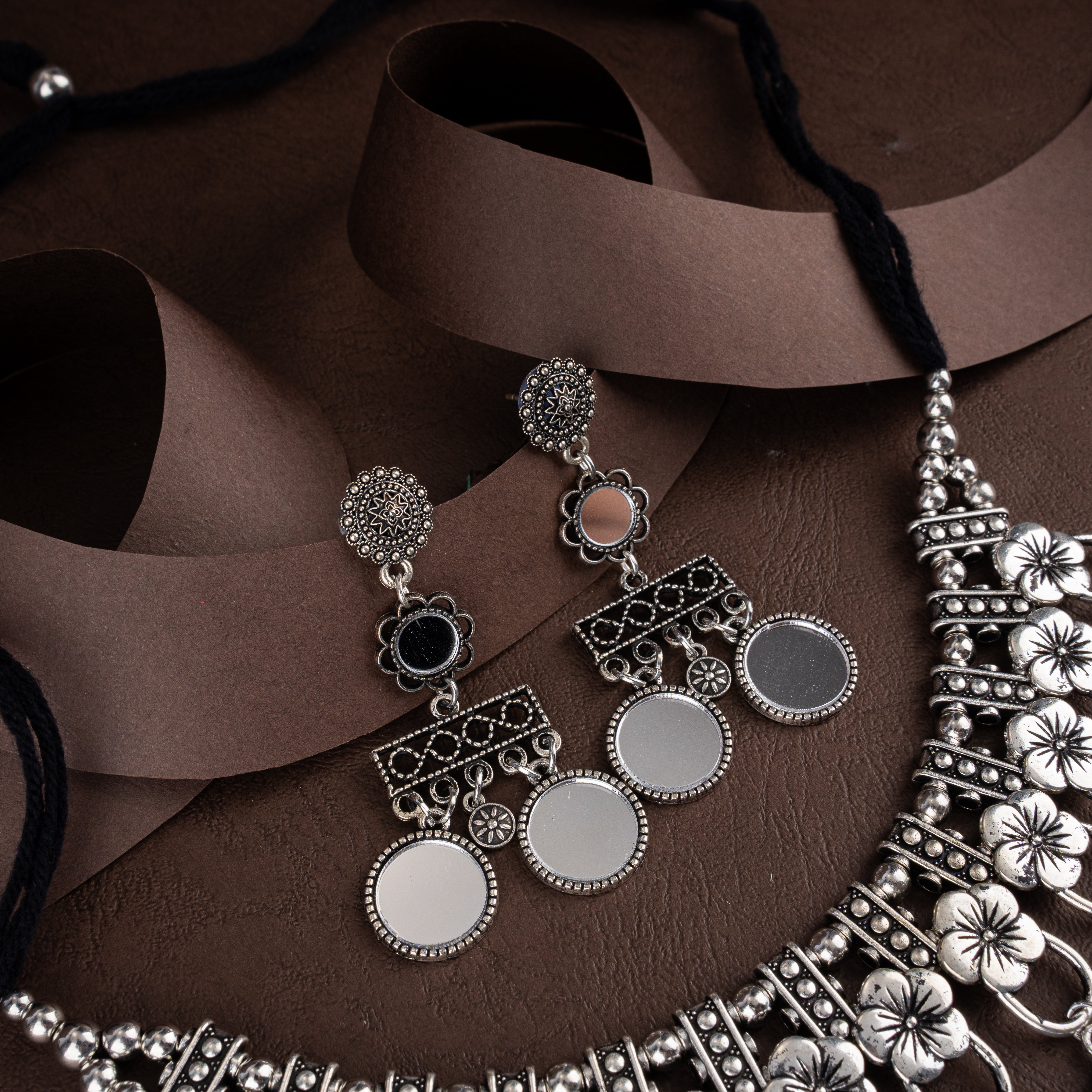 Oxidised Silver Floral Mirror Work Collar Choker Necklace Set with Drop Earrings