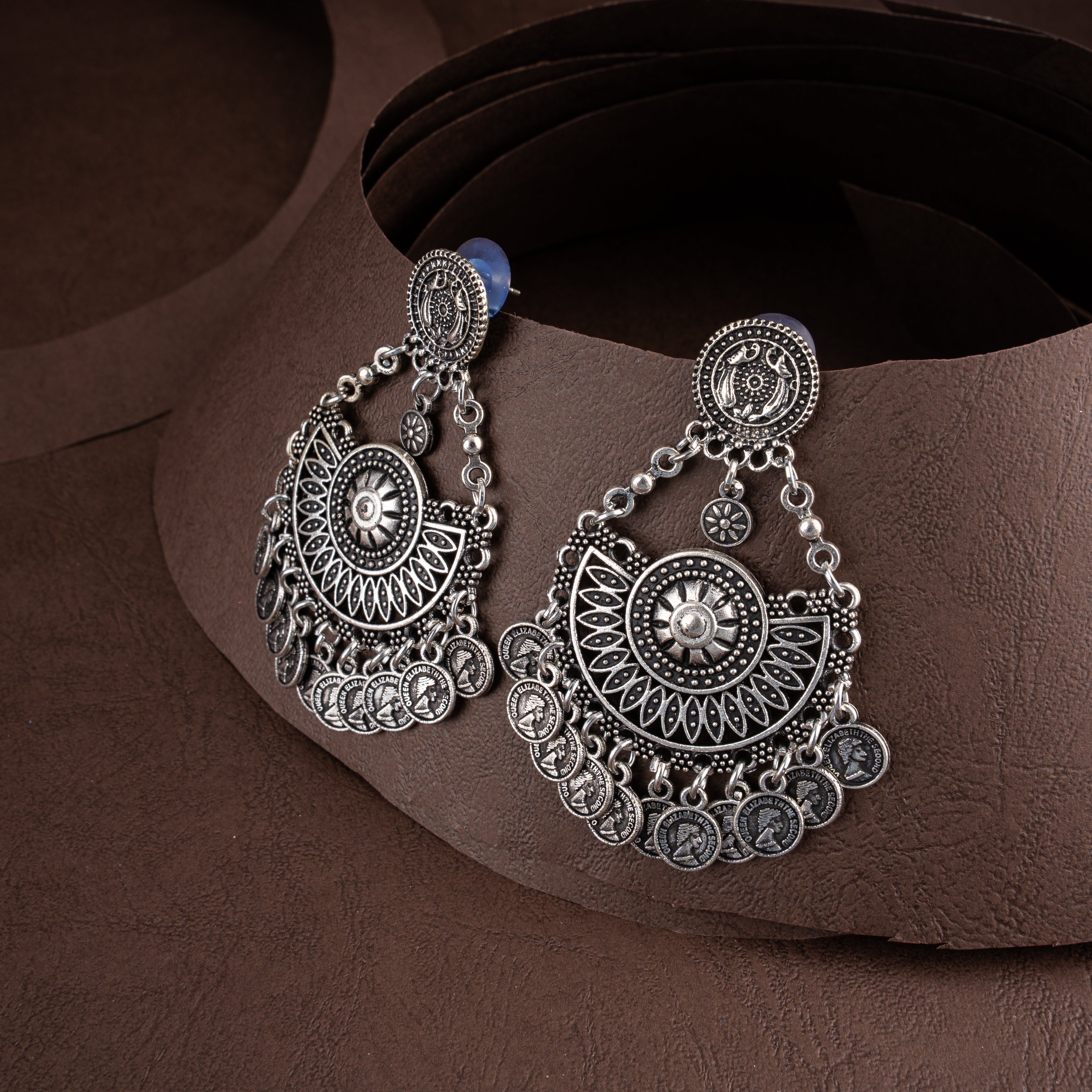Oxidised Silver Mirror Work Medallion Collar Necklace Set with Coin Tassels