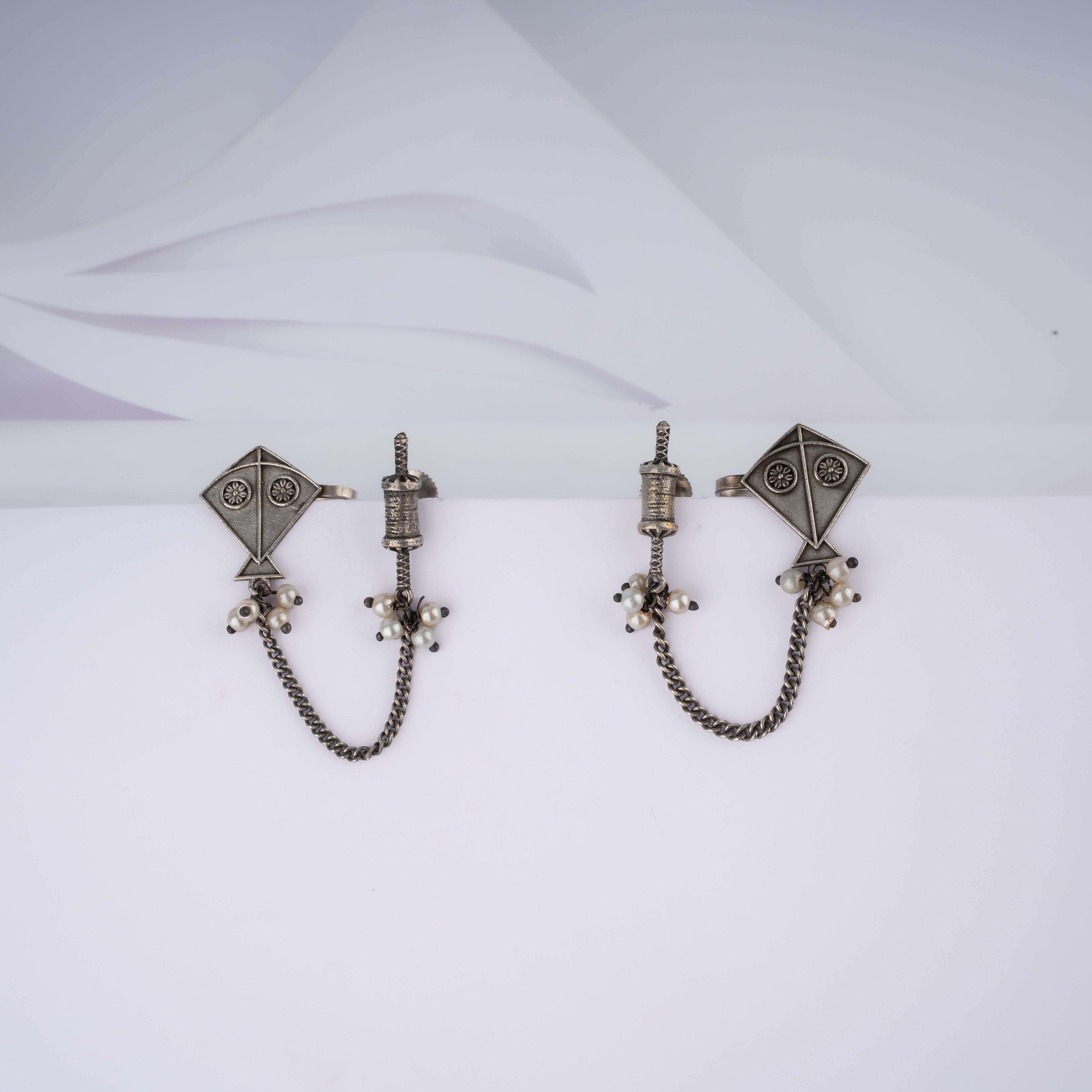 Oxidised Silver Patang Firki Kite Ear Chain Cuff Statement Earrings