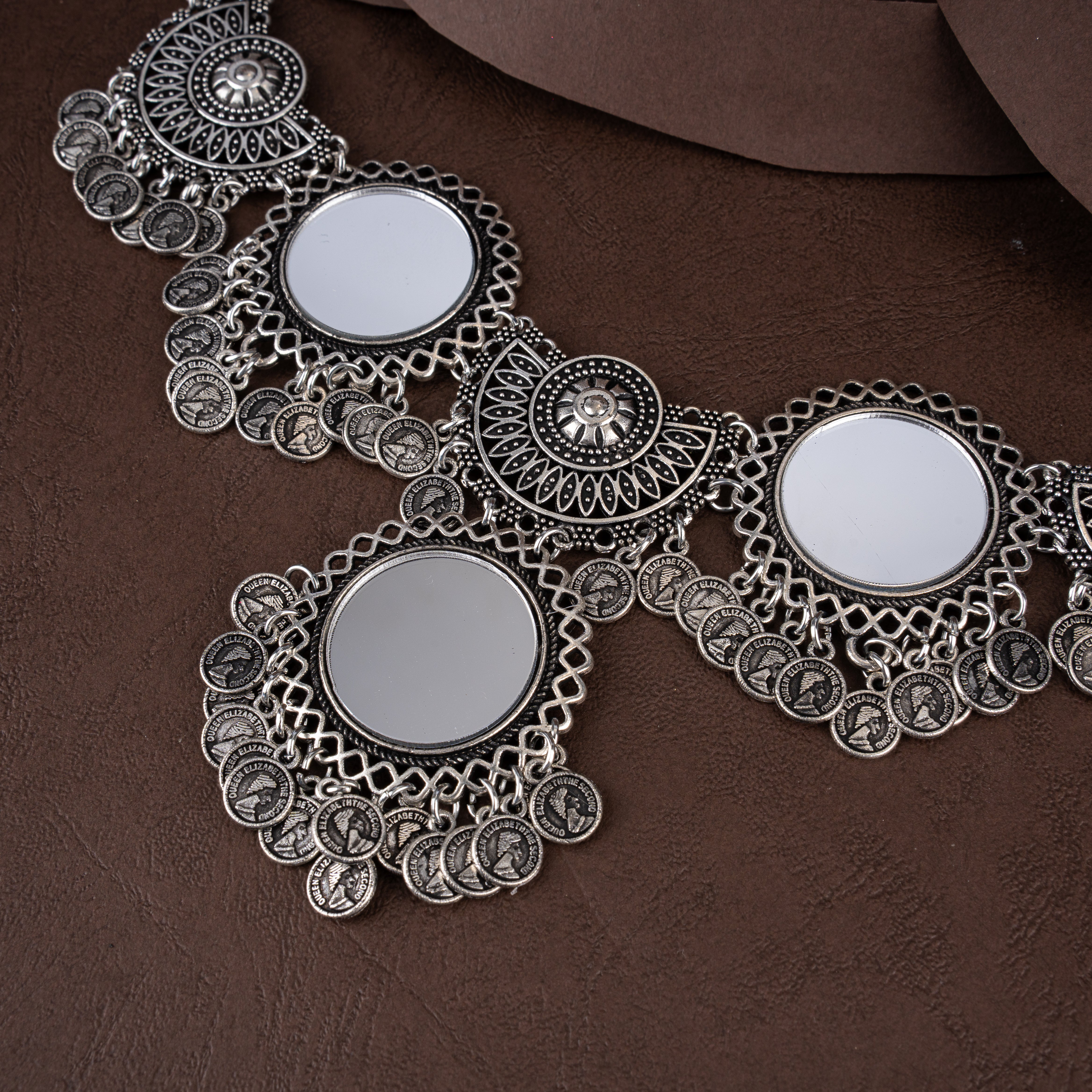 Oxidised Silver Mirror Work Medallion Collar Necklace Set with Coin Tassels
