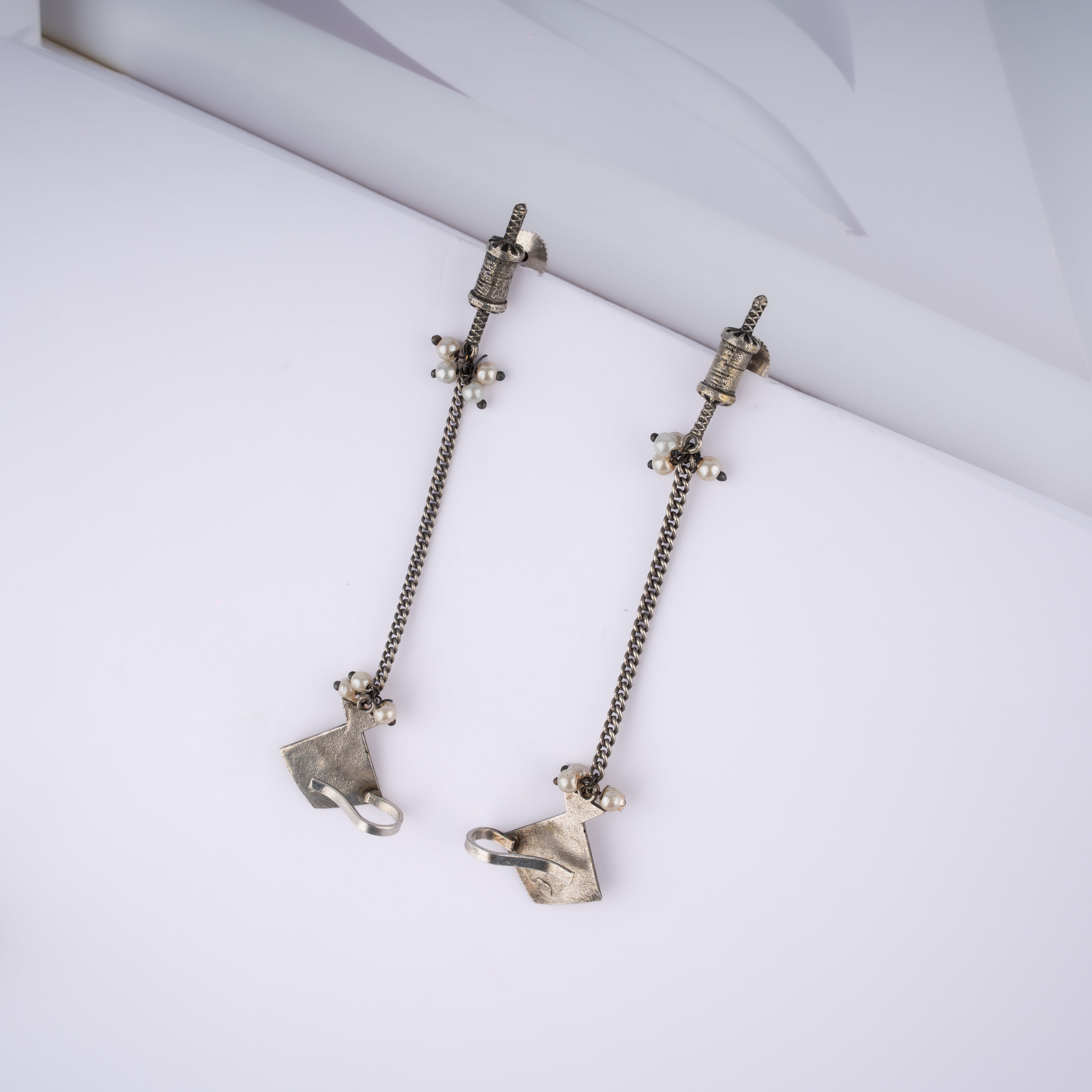 Oxidised Silver Patang Firki Kite Ear Chain Cuff Statement Earrings