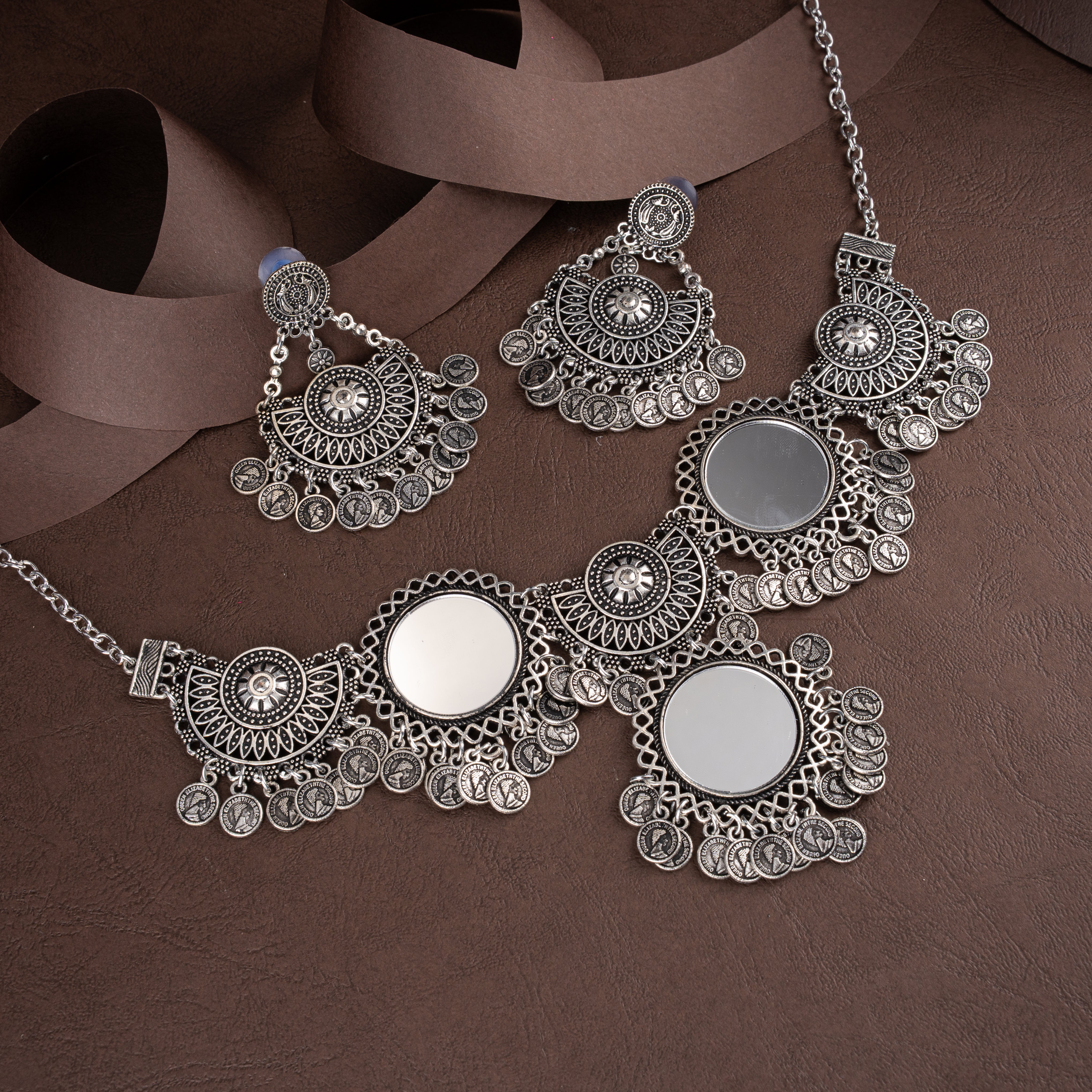 Oxidised Silver Mirror Work Medallion Collar Necklace Set with Coin Tassels