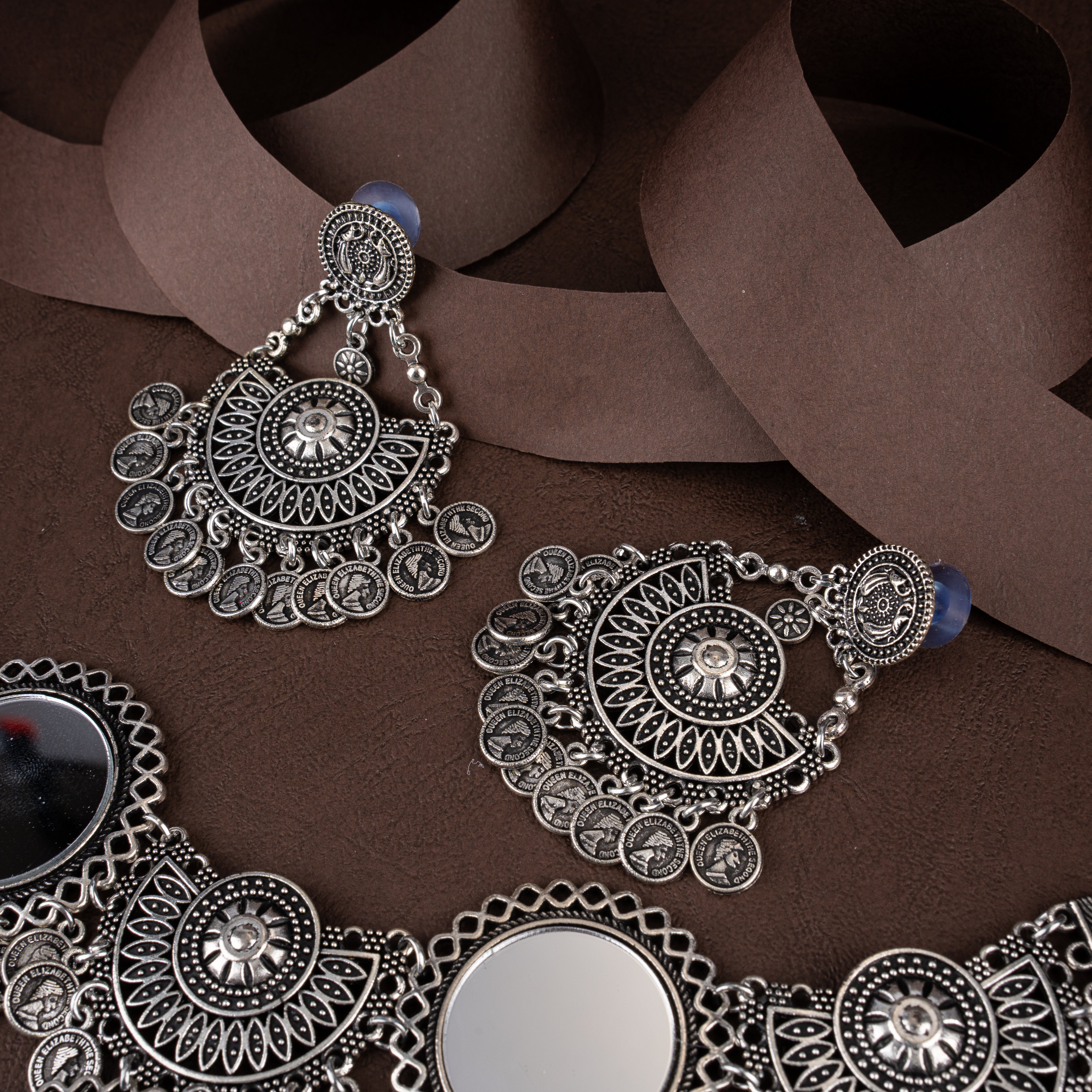 Oxidised Silver Mirror Work Medallion Collar Necklace Set with Coin Tassels