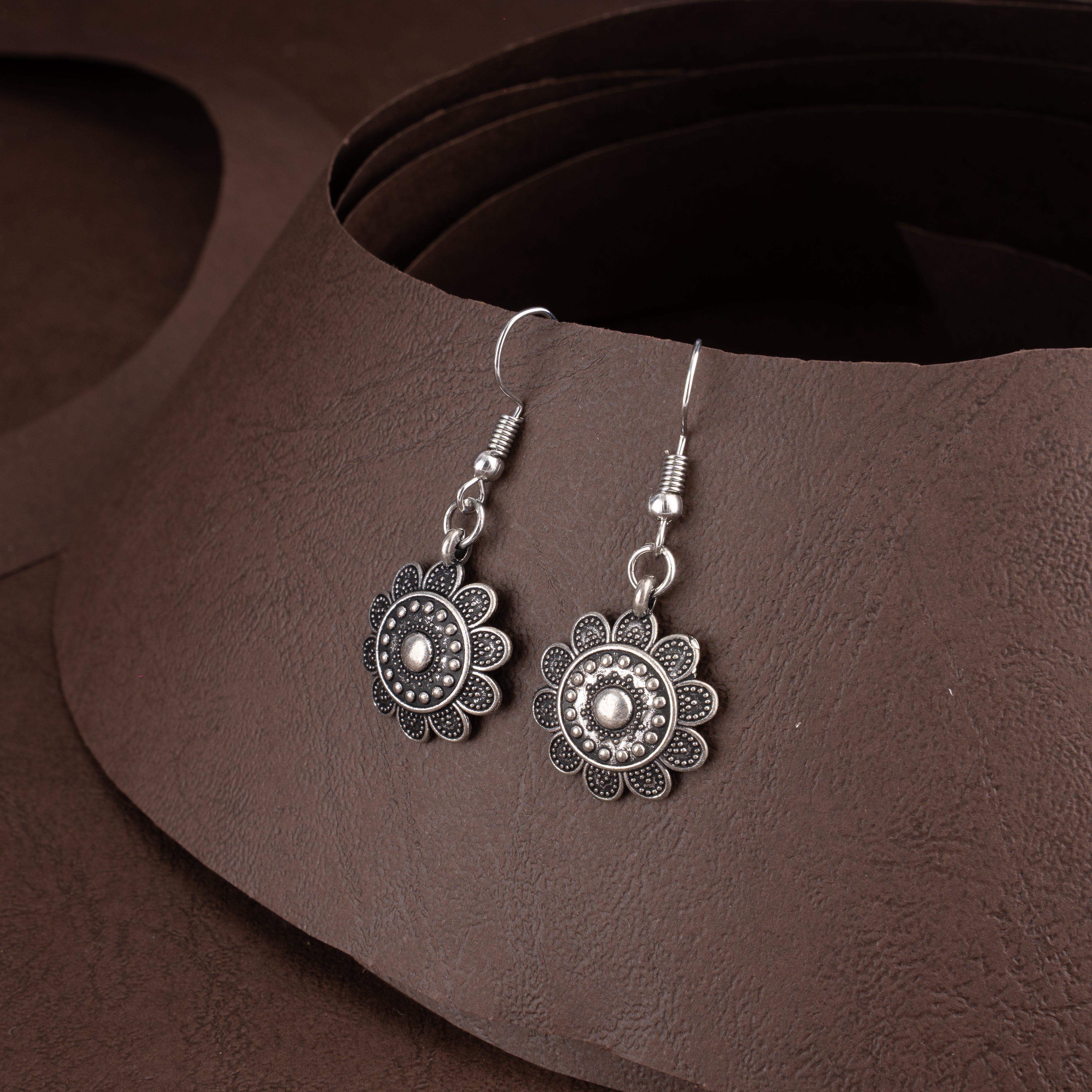 Oxidised Silver Beaded Floral Rosette Collar Choker Necklace Set with Drop Earrings