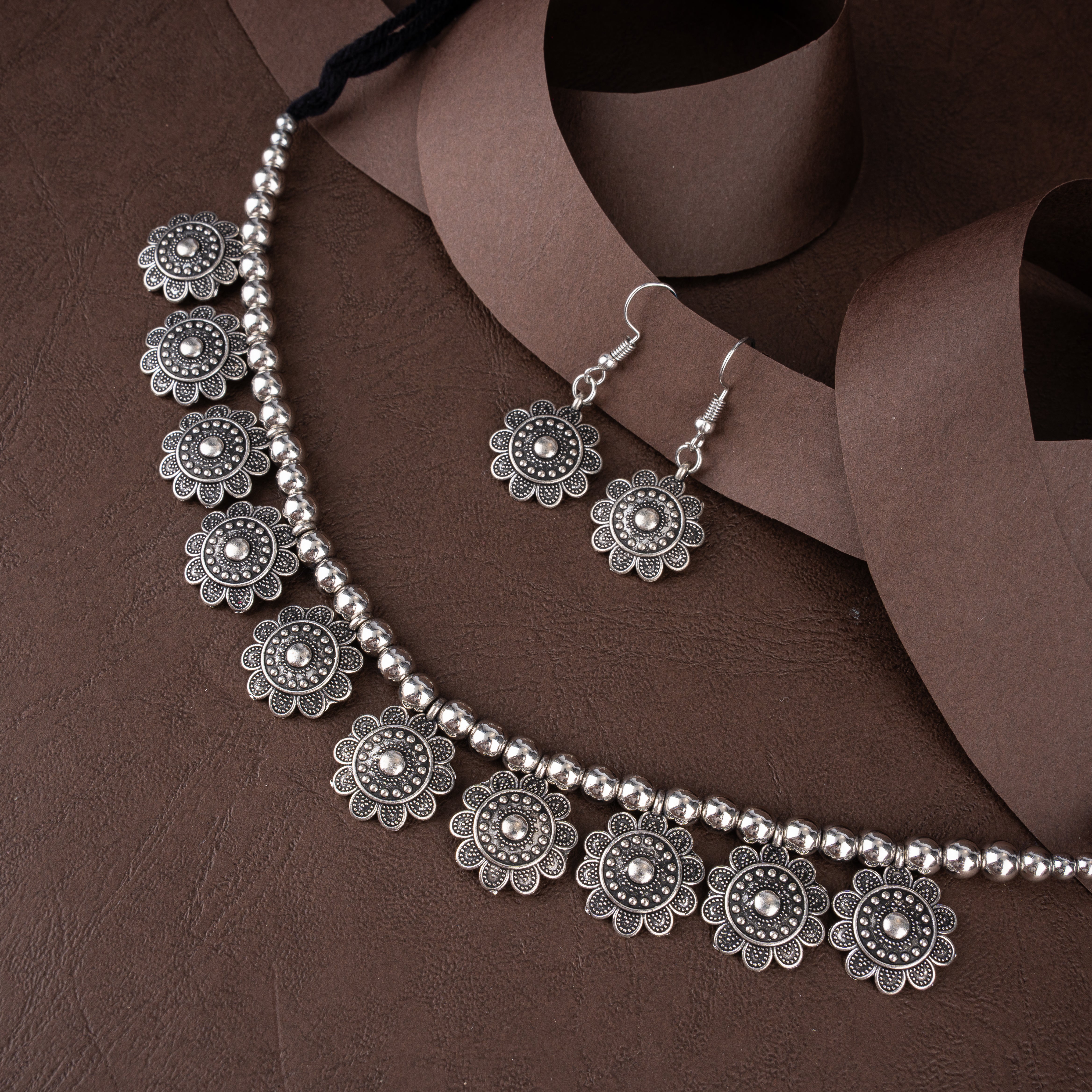 Oxidised Silver Beaded Floral Rosette Collar Choker Necklace Set with Drop Earrings